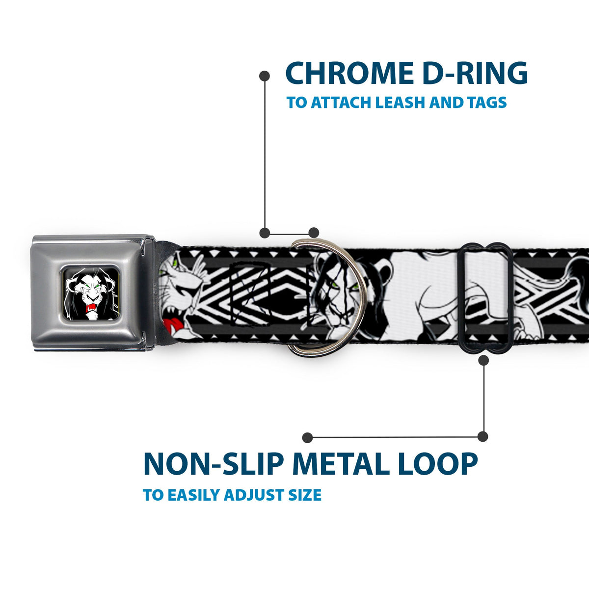 Simba Face Full Color Black/White/Red Seatbelt Buckle Collar - Lion King Scar Poses White/Black