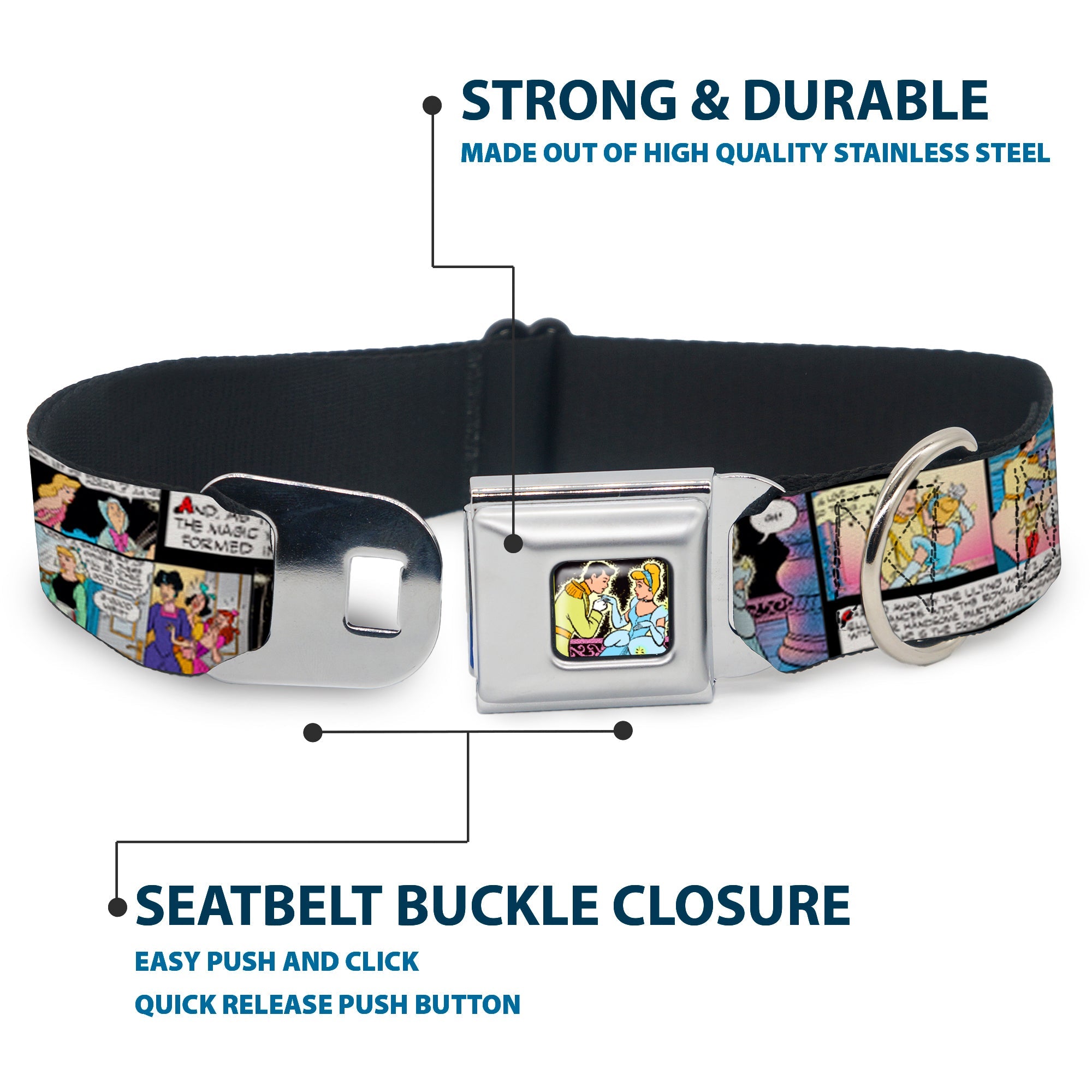 Prince & Cinderella Full Color Seatbelt Buckle Collar - Cinderella Movie Panels & Quotes