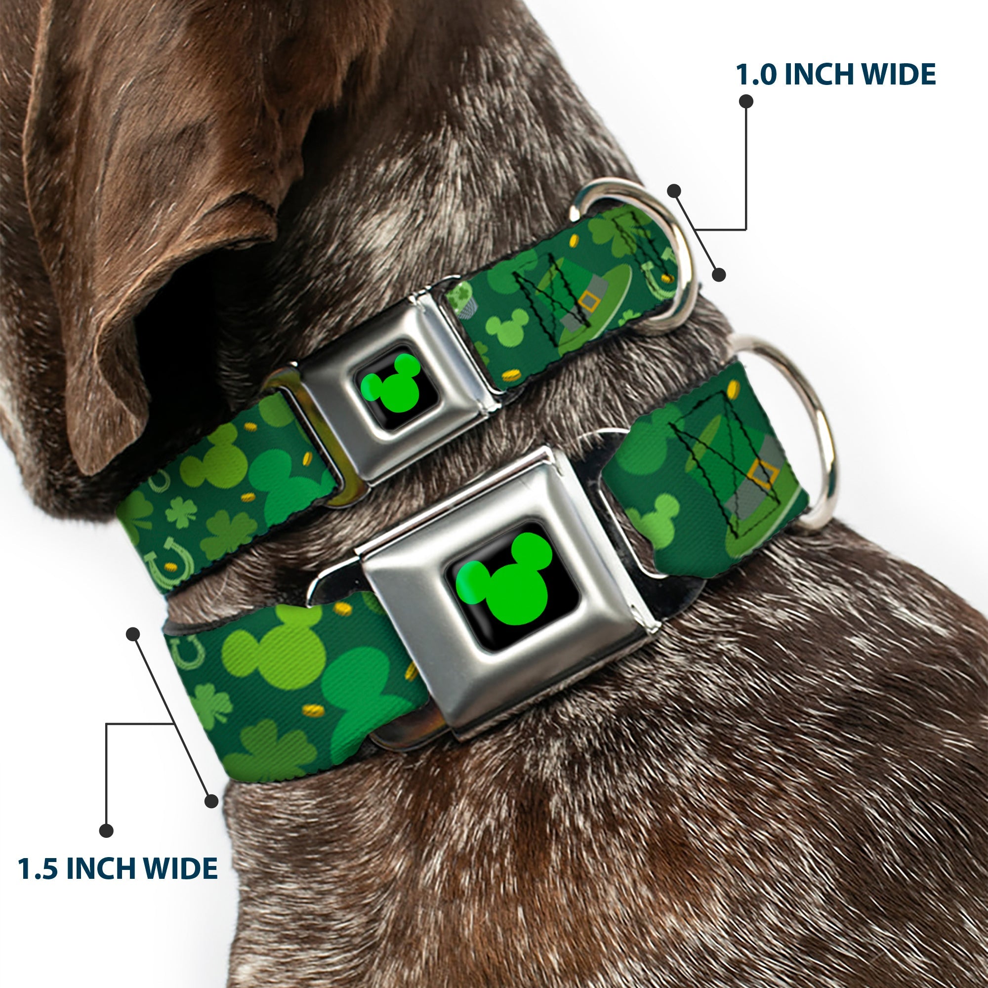 Mickey Silhouette Full Color Black Green Seatbelt Buckle Collar - St. Patricks Day Mickey Collage Greens