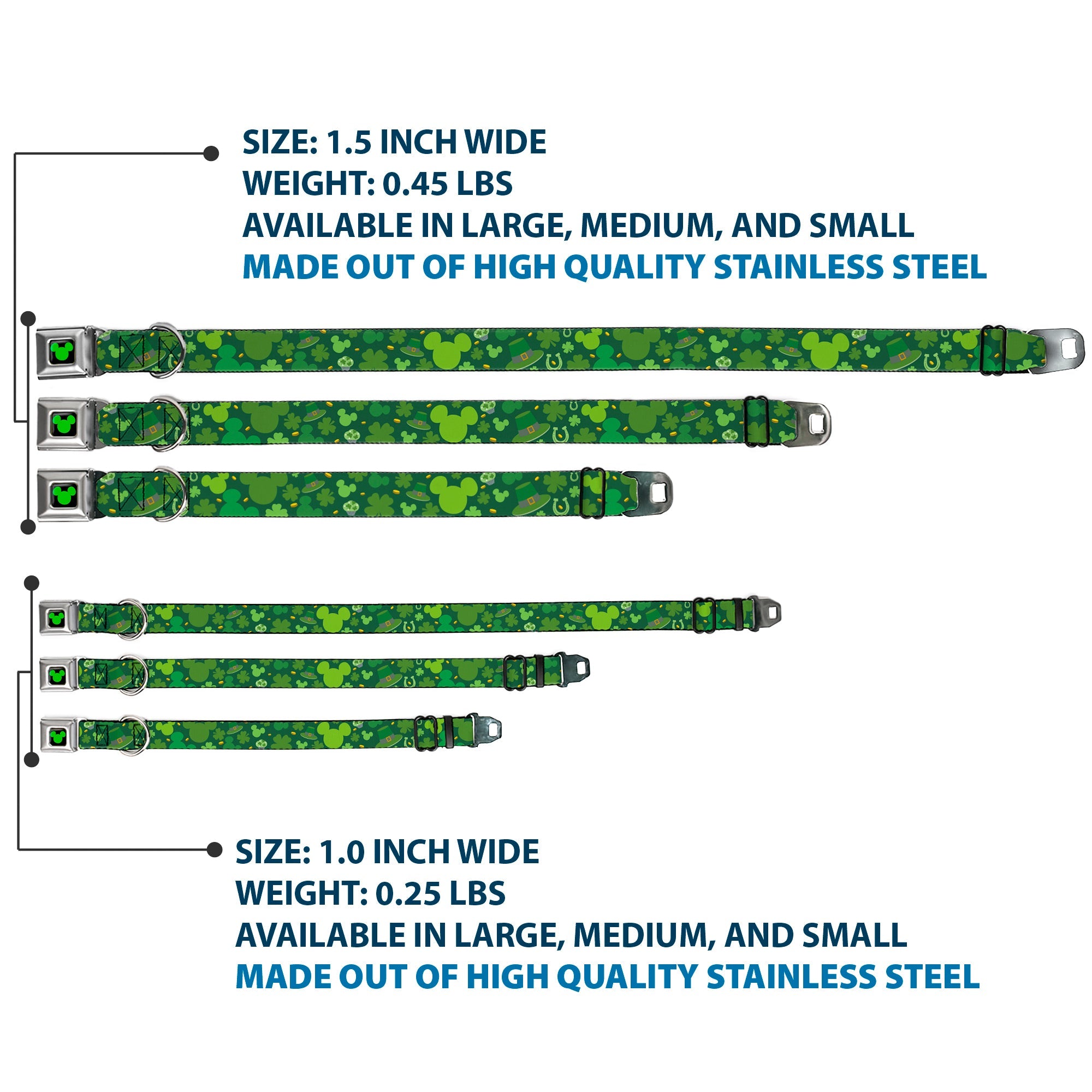 Mickey Silhouette Full Color Black Green Seatbelt Buckle Collar - St. Patricks Day Mickey Collage Greens