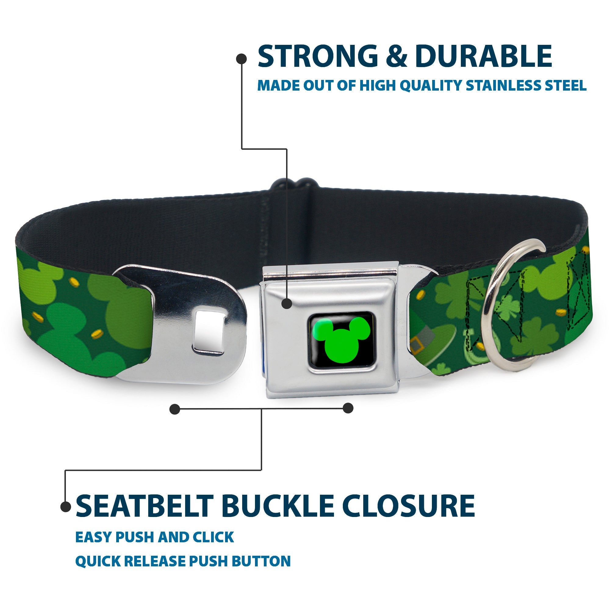 Mickey Silhouette Full Color Black Green Seatbelt Buckle Collar - St. Patricks Day Mickey Collage Greens