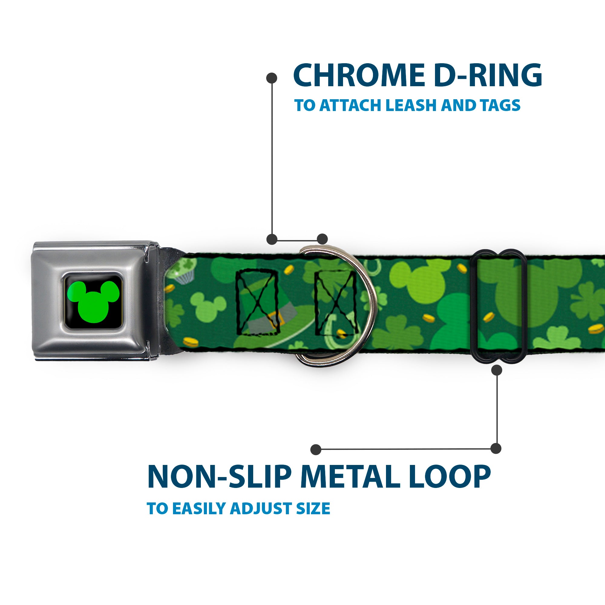Mickey Silhouette Full Color Black Green Seatbelt Buckle Collar - St. Patricks Day Mickey Collage Greens