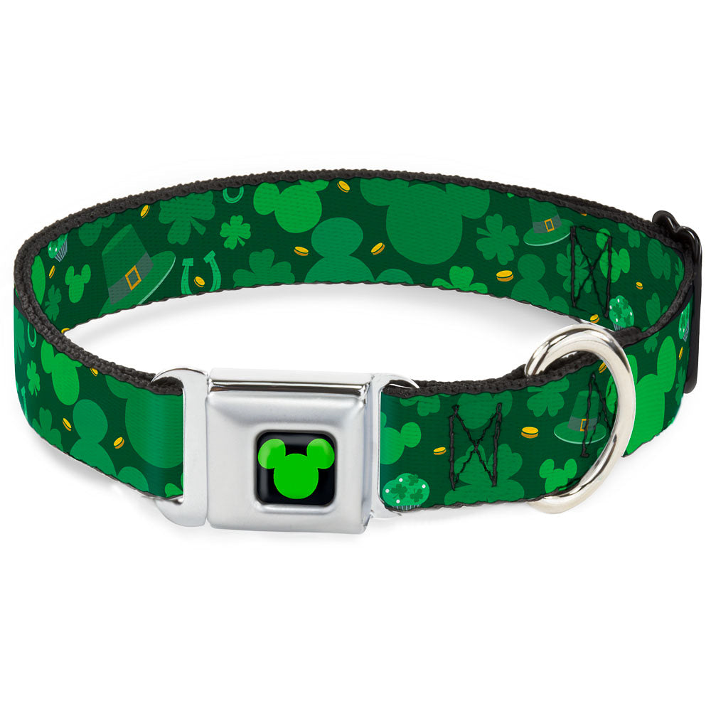 Mickey Silhouette Full Color Black Green Seatbelt Buckle Collar - St. Patricks Day Mickey Collage Greens