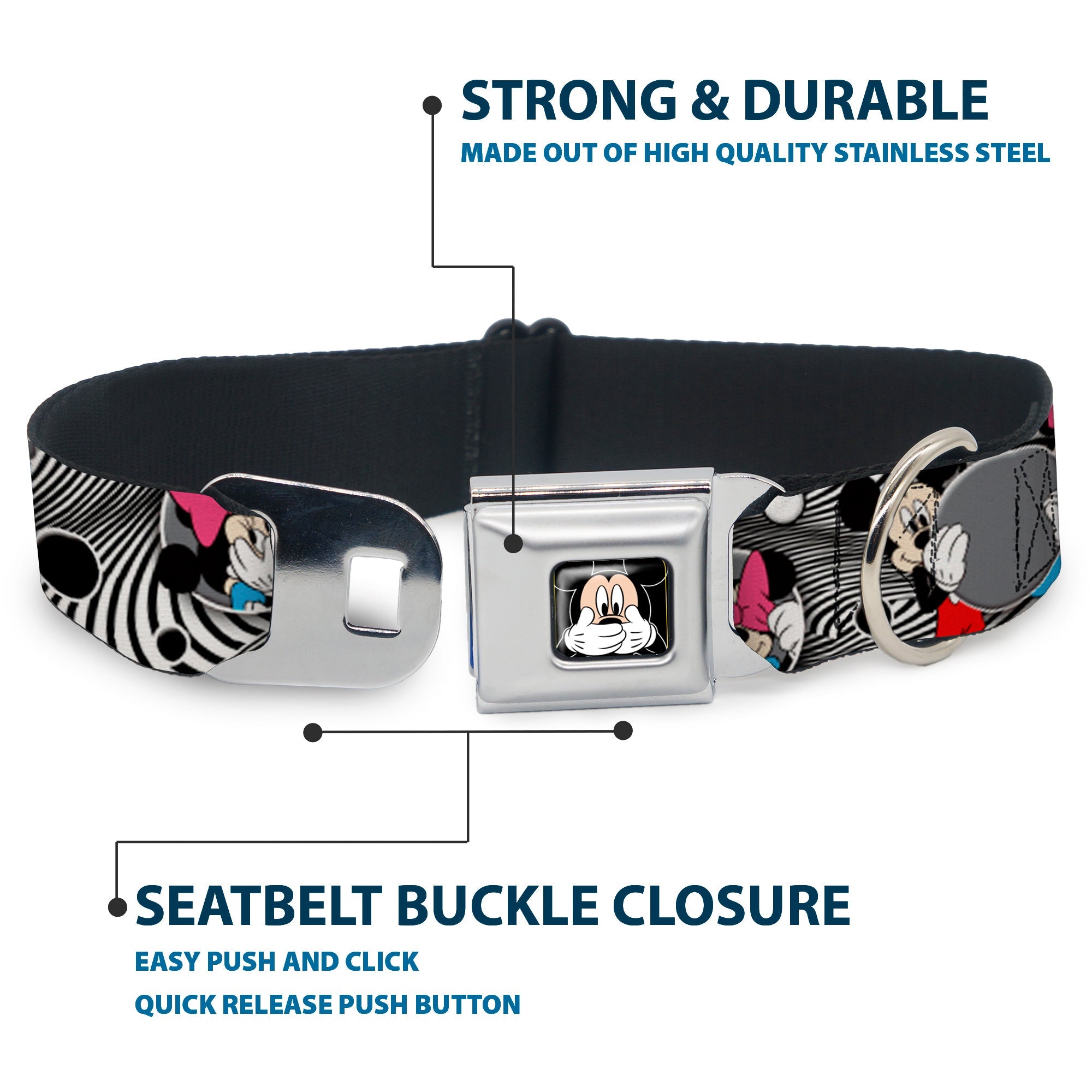 Mickey Mouse Expression3 Full Color Black Seatbelt Buckle Collar - Mickey & Minnie Peek-a-Boo Expressions Swirl Black/White
