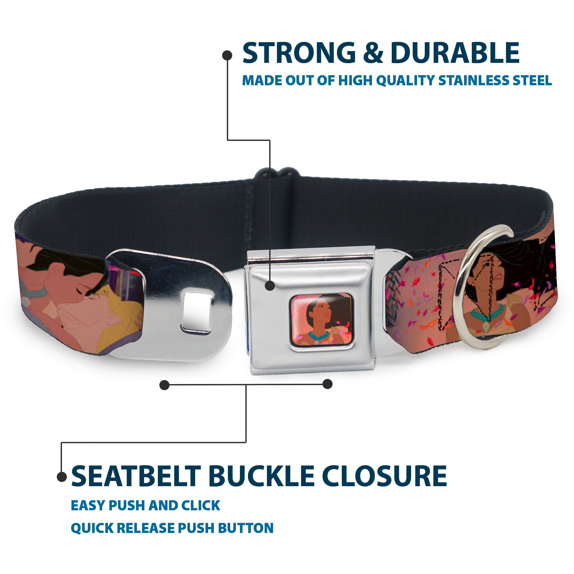 Pocahontas Colors of the Wind Full Color Seatbelt Buckle Collar - Pocahontas & John Smith Scenes