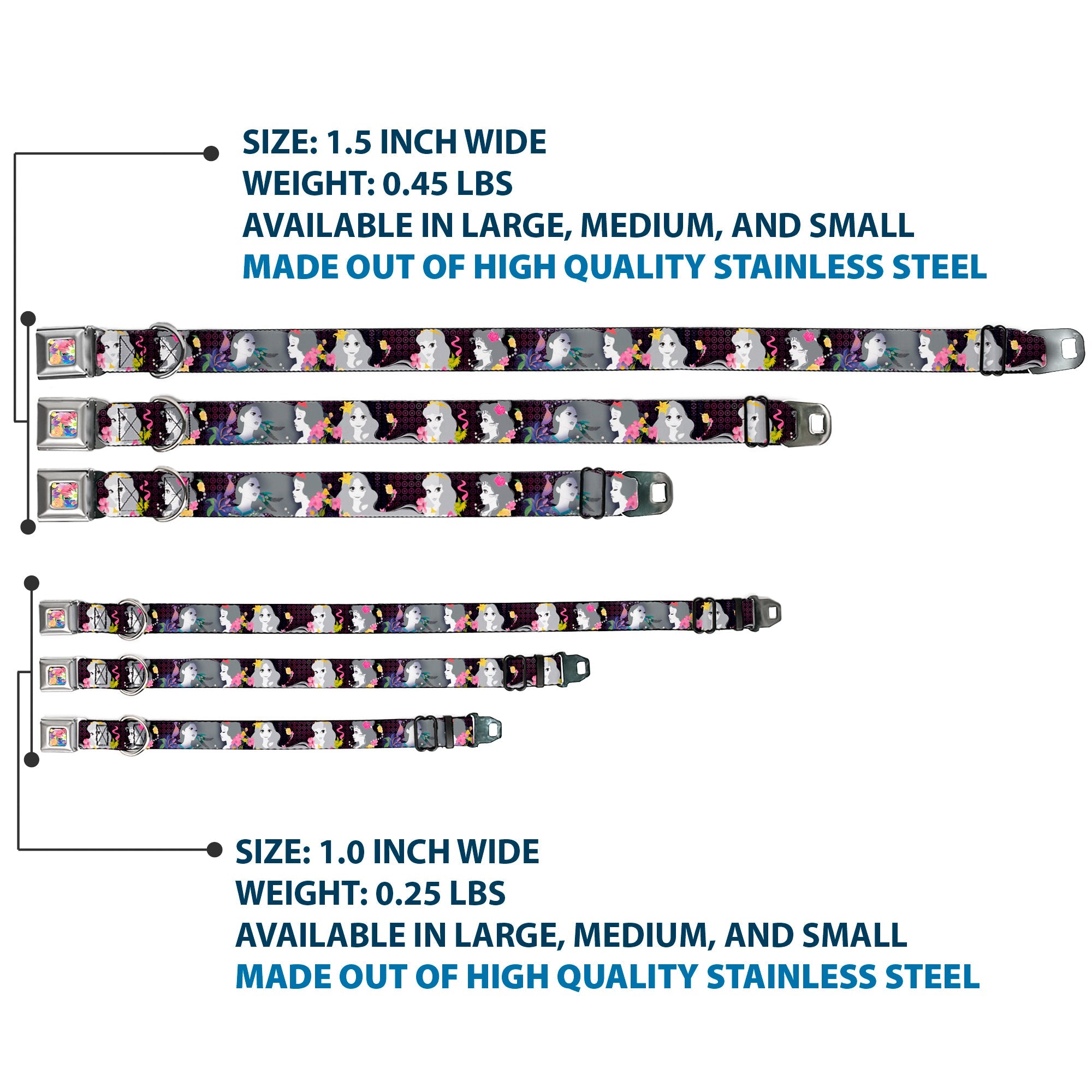 Floral Collage Full Color Multi Pastel Seatbelt Buckle Collar - Princess Silhouettes Dots Black/Purple/Gray/Multi Color