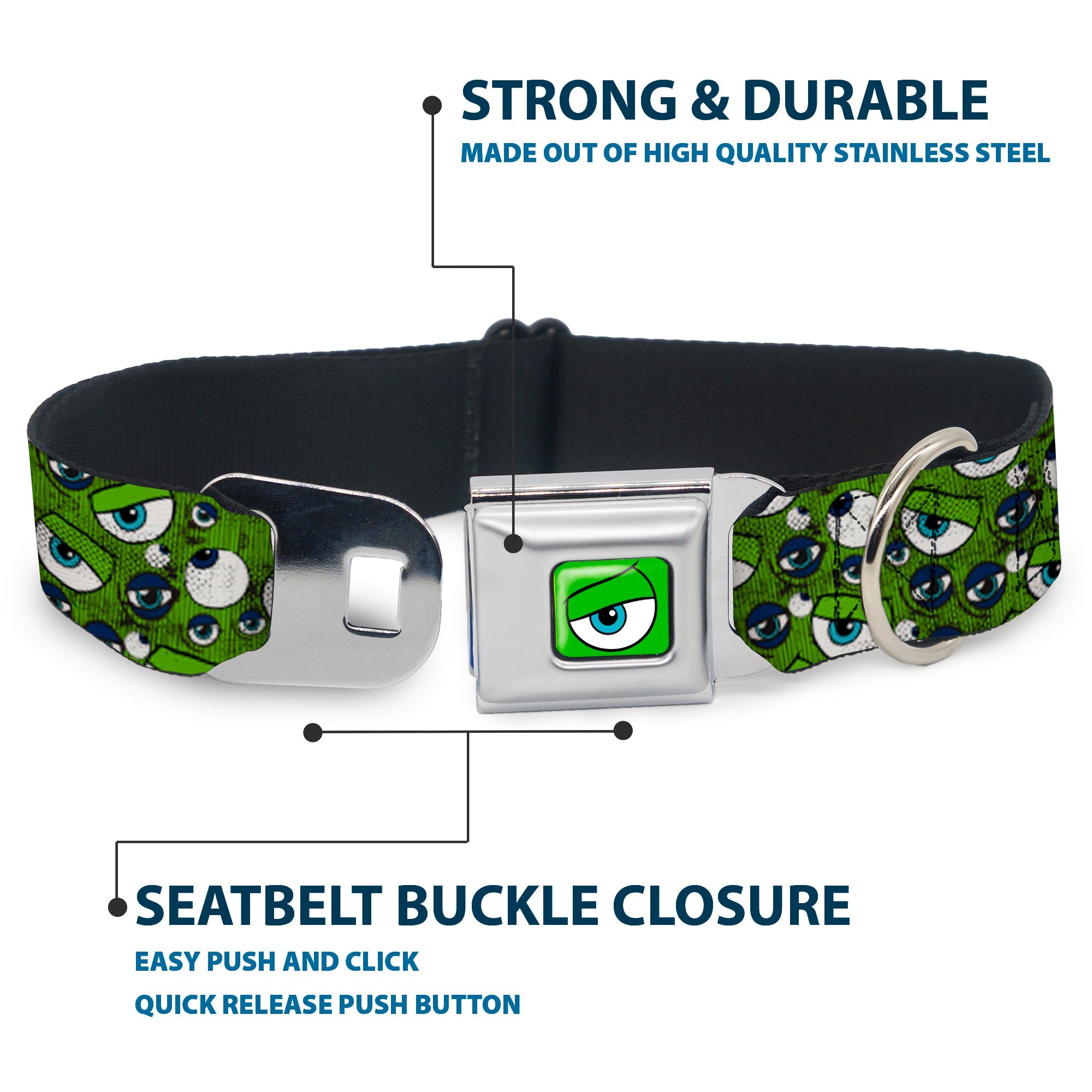 Monsters Eye CLOSE-UP Seatbelt Buckle Collar - Monsters Inc. Eye Collage Weathered Greens/Blues