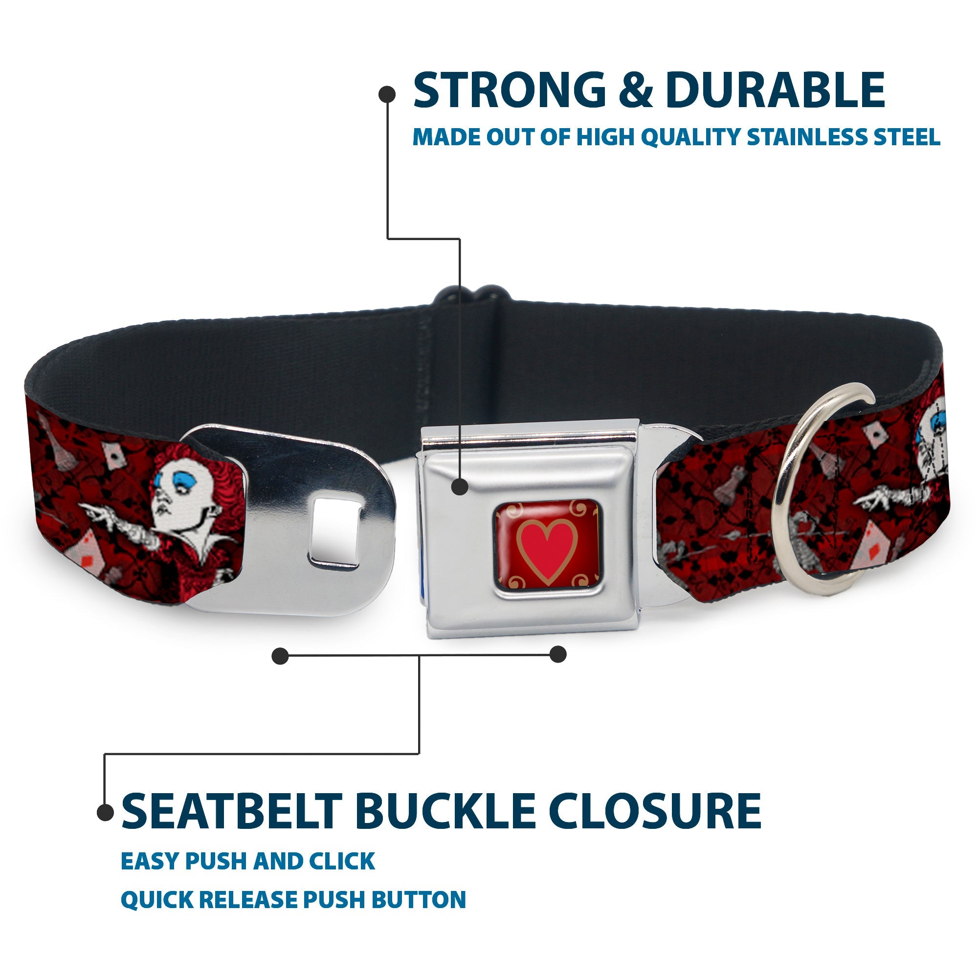 Queens Heart Full Color Reds Gold Seatbelt Buckle Collar - Queen of Hearts Poses/Hearts/Cards Reds/Black