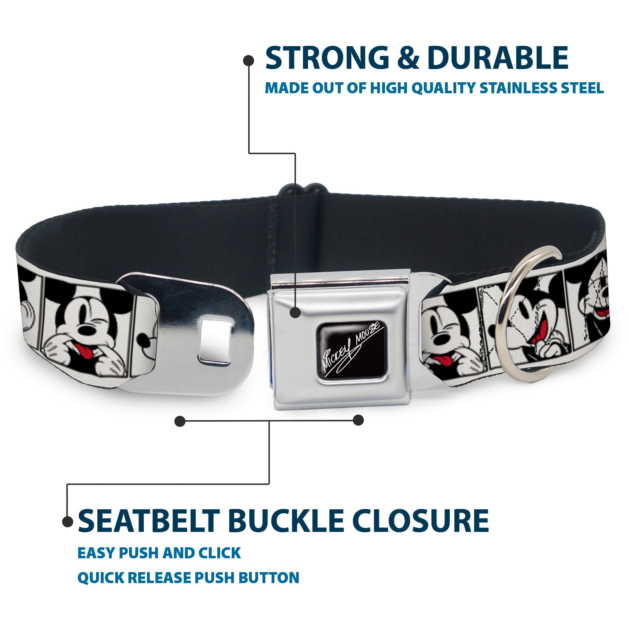MICKEY MOUSE Autograph Full Color Black/White Seatbelt Buckle Collar - Mickey Mouse Expression Blocks White/Black/Red