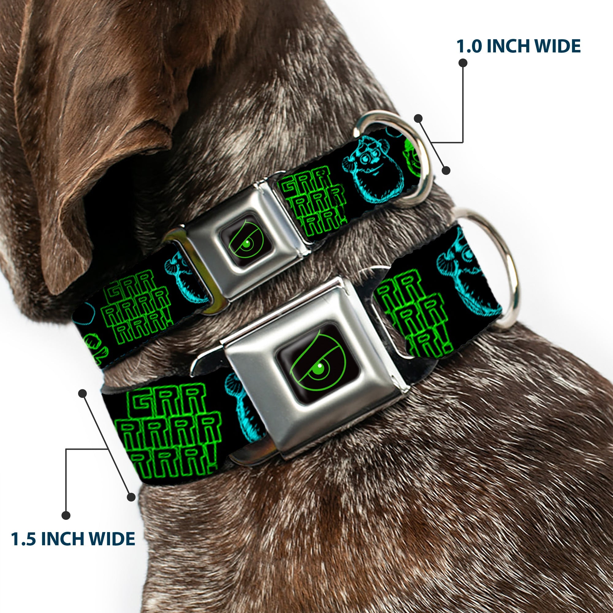 Monsters Eye Full Color Black/Neon Green Seatbelt Buckle Collar - Monsters Inc. Sully & Mike Poses/GRRRRR! Black/Turquoise/Green