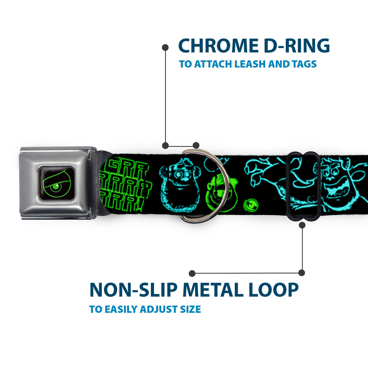 Monsters Eye Full Color Black/Neon Green Seatbelt Buckle Collar - Monsters Inc. Sully & Mike Poses/GRRRRR! Black/Turquoise/Green