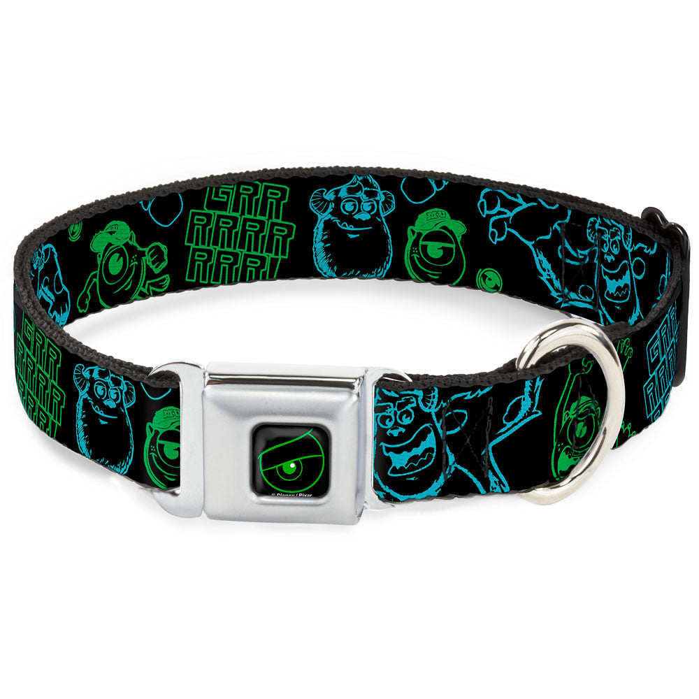 Monsters Eye Full Color Black/Neon Green Seatbelt Buckle Collar - Monsters Inc. Sully & Mike Poses/GRRRRR! Black/Turquoise/Green