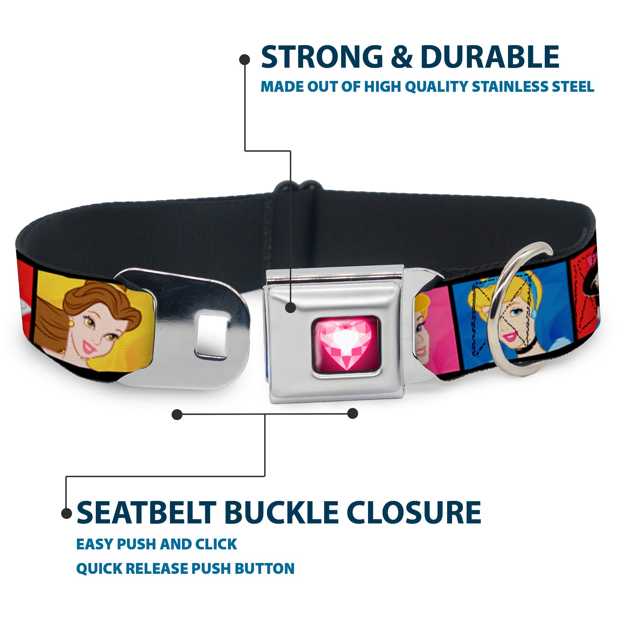 Princess Gem Heart Full Color Black Pink Seatbelt Buckle Collar - Disney Princess Blocks