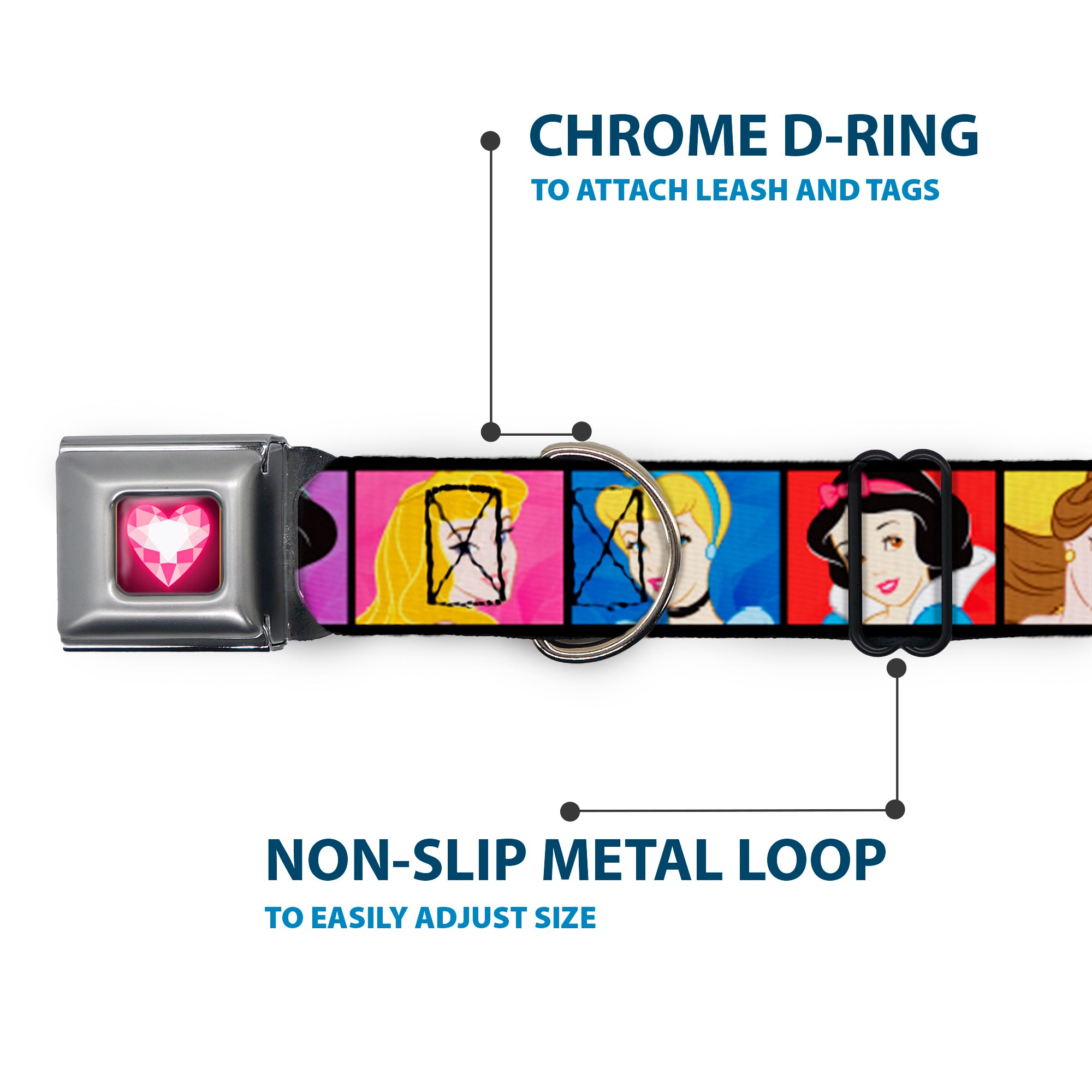 Princess Gem Heart Full Color Black Pink Seatbelt Buckle Collar - Disney Princess Blocks