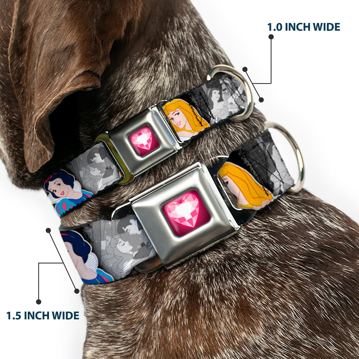 Princess Gem Heart Full Color Black/Pink Seatbelt Buckle Collar - Princess Pose/Princess & Prince Scene Grays/Multi Color
