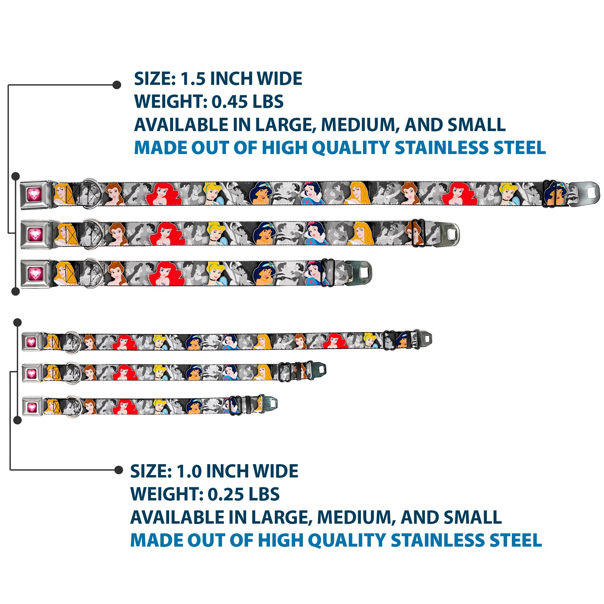 Princess Gem Heart Full Color Black/Pink Seatbelt Buckle Collar - Princess Pose/Princess & Prince Scene Grays/Multi Color