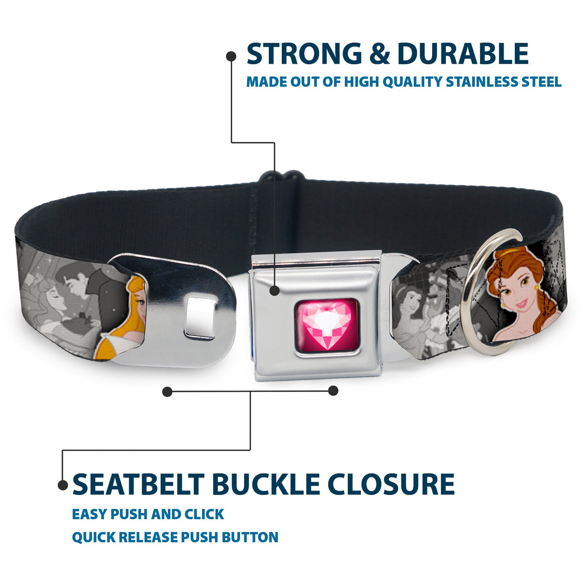 Princess Gem Heart Full Color Black/Pink Seatbelt Buckle Collar - Princess Pose/Princess & Prince Scene Grays/Multi Color