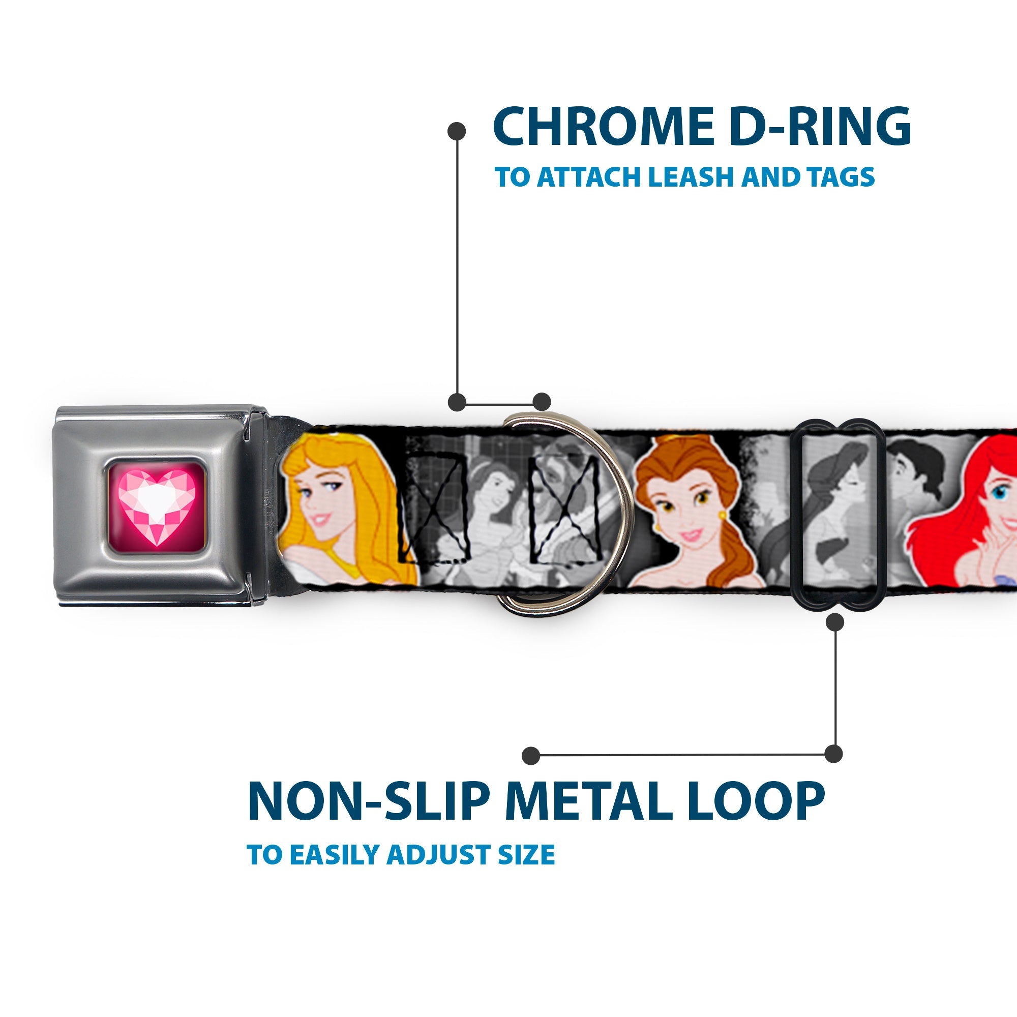 Princess Gem Heart Full Color Black/Pink Seatbelt Buckle Collar - Princess Pose/Princess & Prince Scene Grays/Multi Color