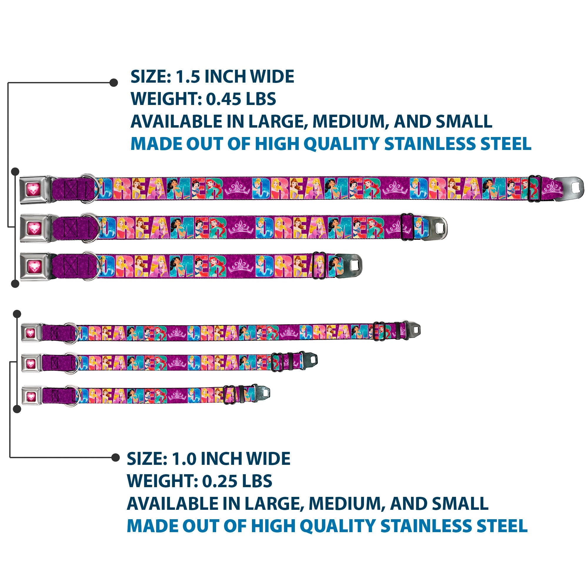 Princess Gem Heart Full Color Black/Pink Seatbelt Buckle Collar - Disney DREAMER 7-Sparkling Princesses/Tiara Purple/White