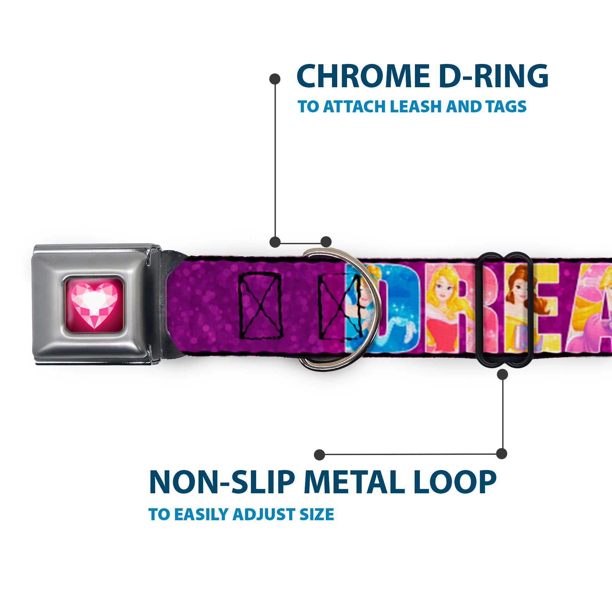 Princess Gem Heart Full Color Black/Pink Seatbelt Buckle Collar - Disney DREAMER 7-Sparkling Princesses/Tiara Purple/White