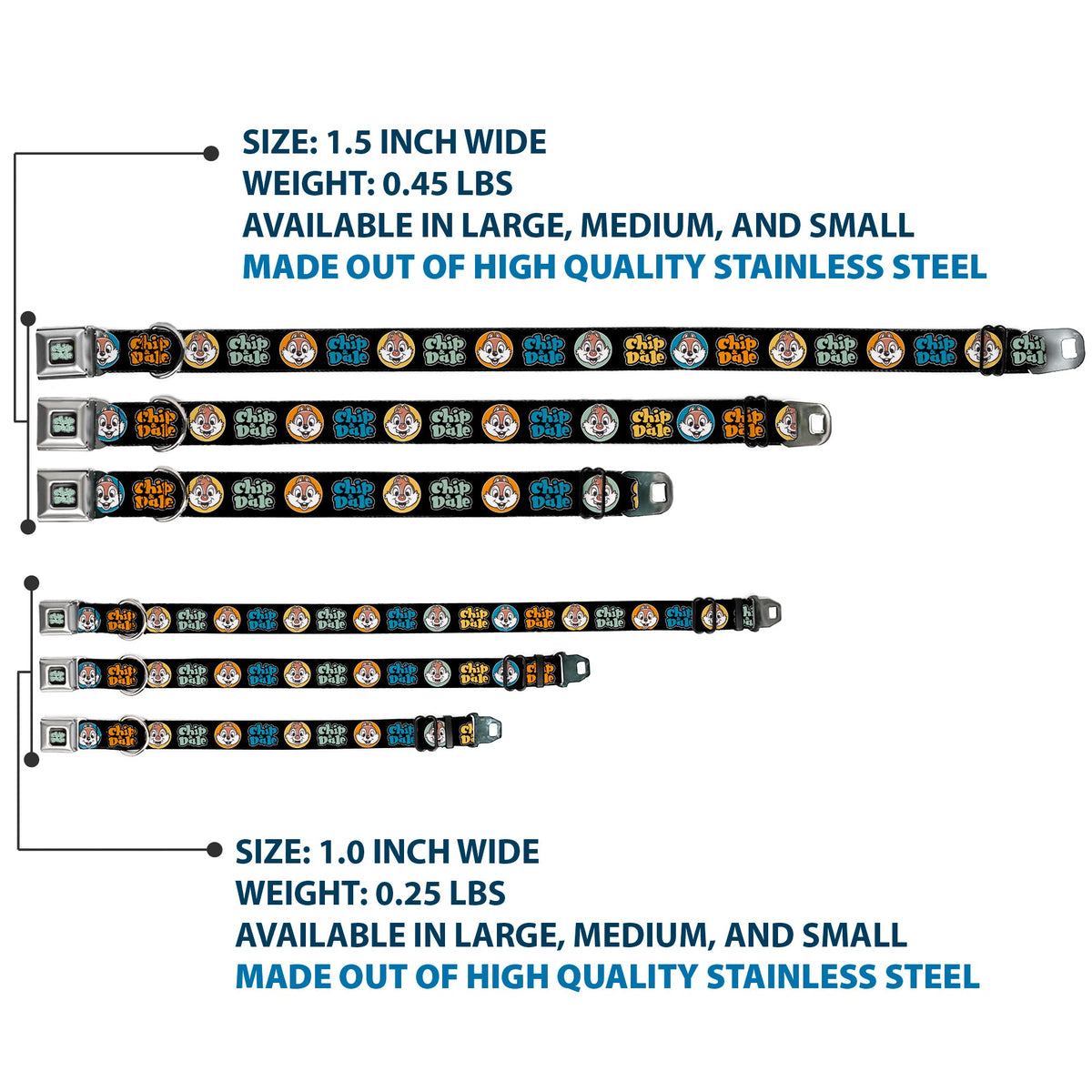 CHIP & DALE Text Logo Full Color Black/Gray Seatbelt Buckle Collar - CHIP & DALE Expression Bubbles Black/Multi Color