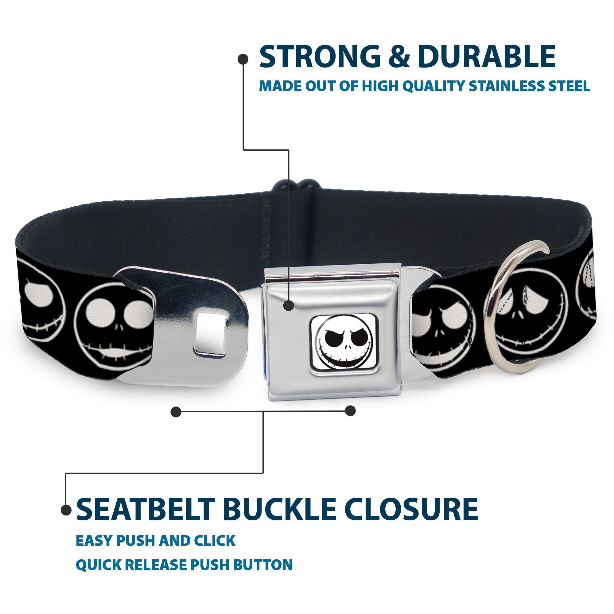 The Nightmare Before Christmas Jack Smiling Full Color White/Black Seatbelt Buckle Collar - The Nightmare Before Christmas Jack 5-Expressions Black/White