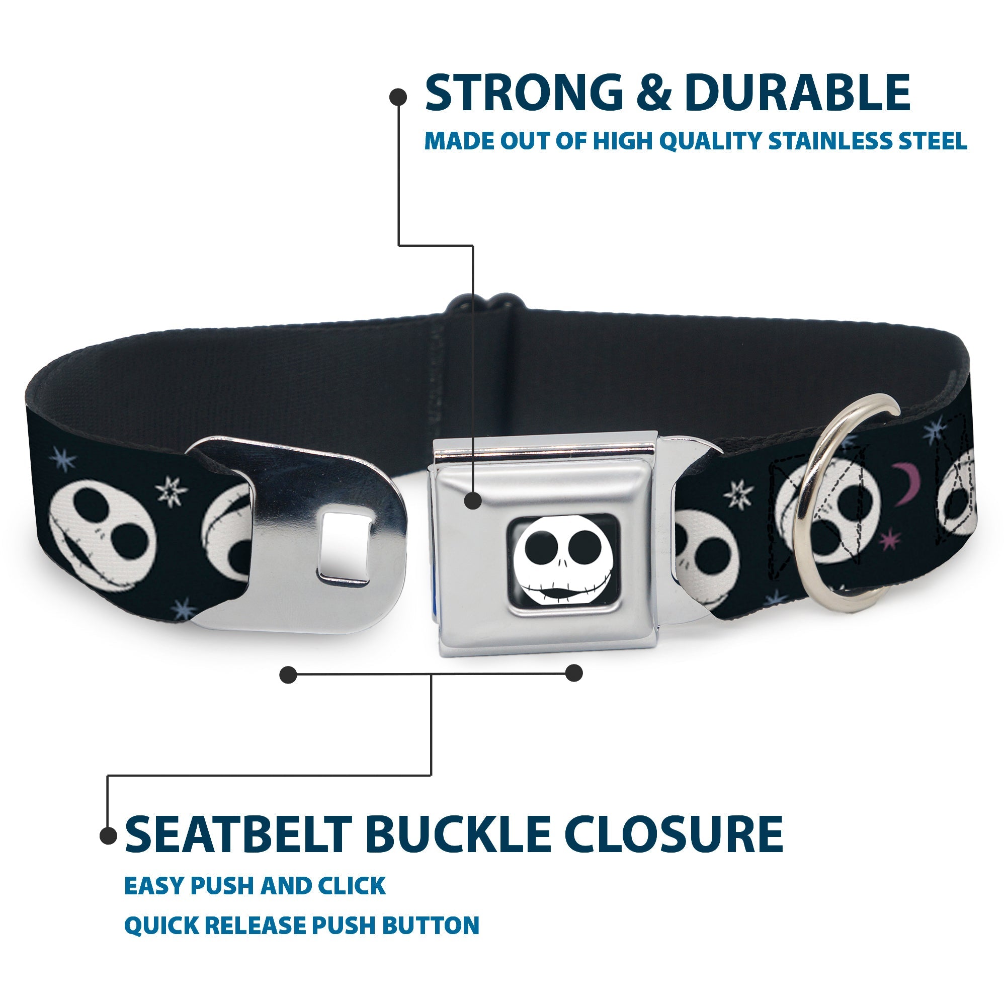 The Nightmare Before Christmas Jack Smiling Full Color Black/White Seatbelt Buckle Collar - The Nightmare Before Christmas Smiling Jack Moon and Stars Black