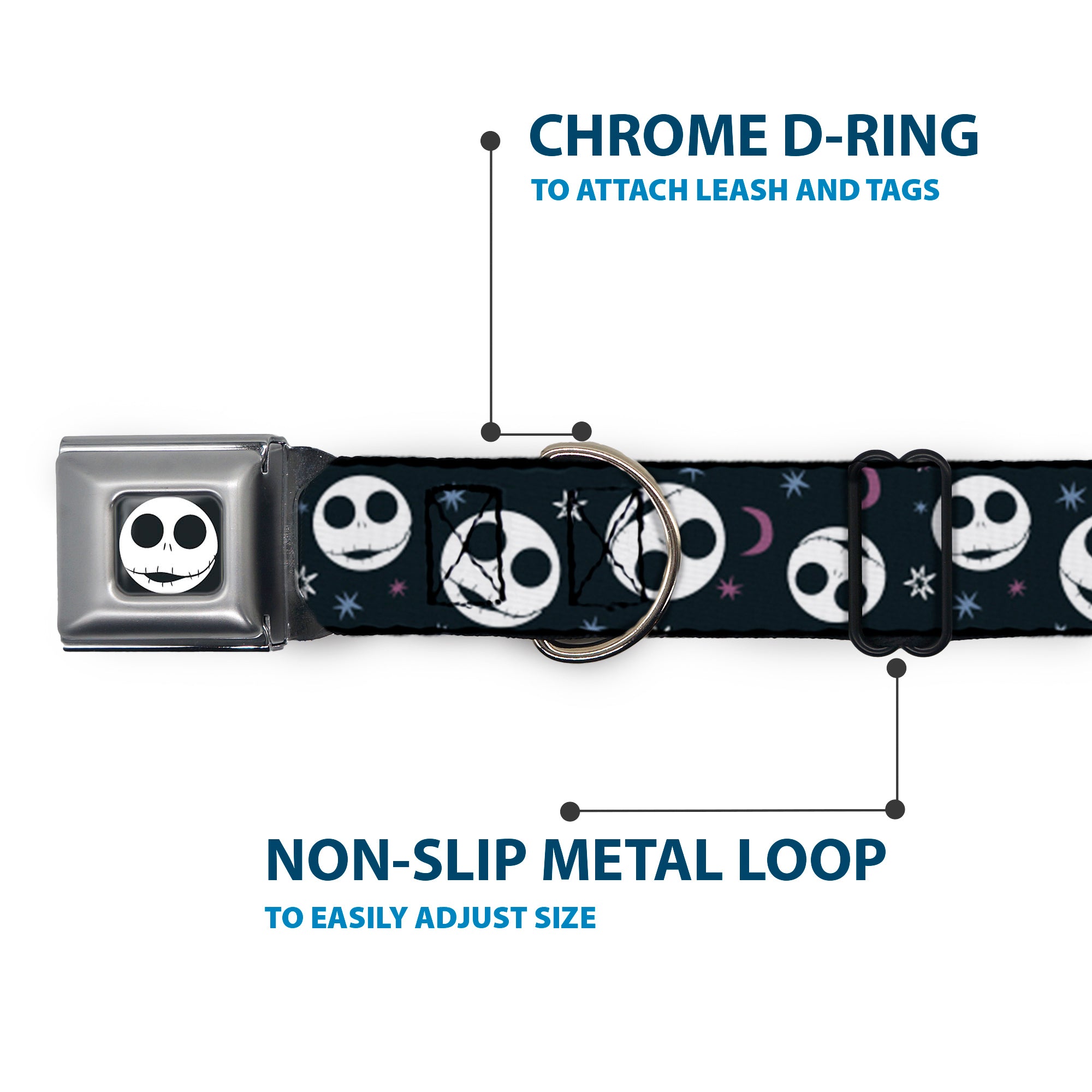 The Nightmare Before Christmas Jack Smiling Full Color Black/White Seatbelt Buckle Collar - The Nightmare Before Christmas Smiling Jack Moon and Stars Black