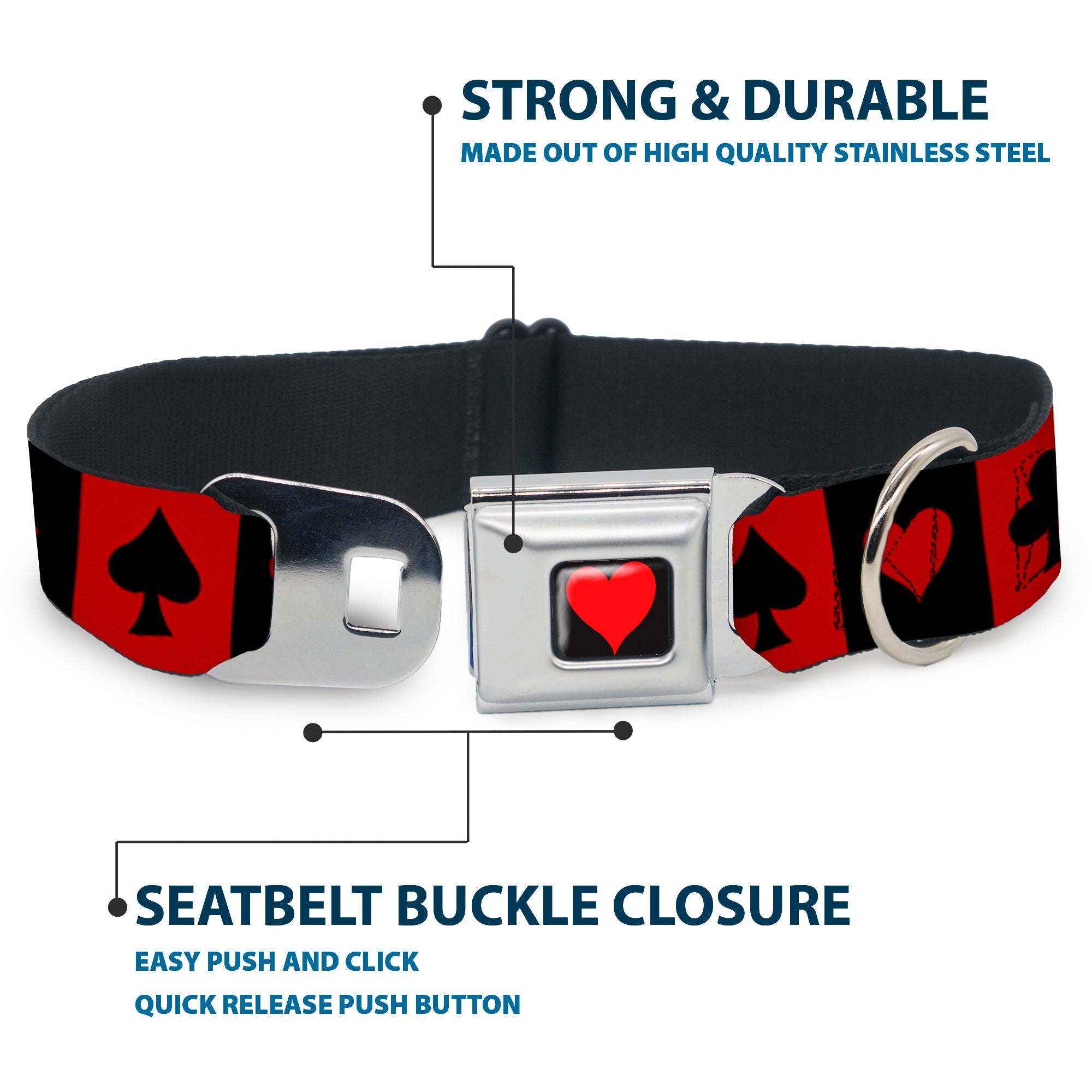 Alice in Wonderland Heart Full Color Black/Red Seatbelt Buckle Collar - Alice in Wonderland Card Suits Red/Black