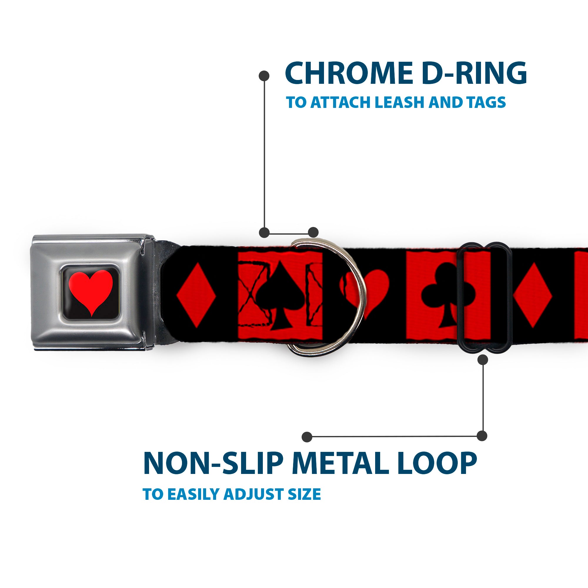 Alice in Wonderland Heart Full Color Black/Red Seatbelt Buckle Collar - Alice in Wonderland Card Suits Red/Black