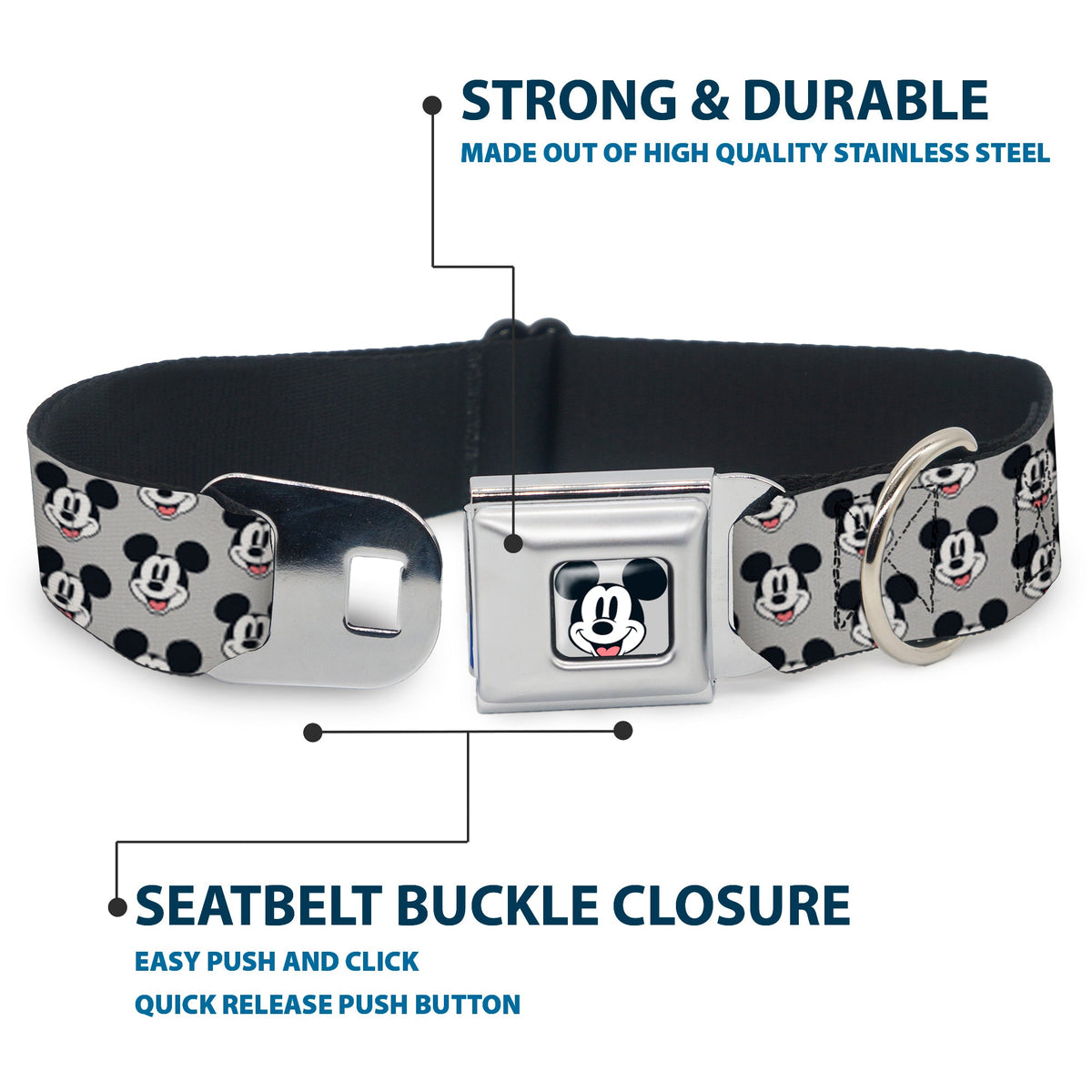 Mickey Mouse Smiling Face Full Color Gray Seatbelt Buckle Collar - Mickey Mouse Smiling Face Monogram Gray