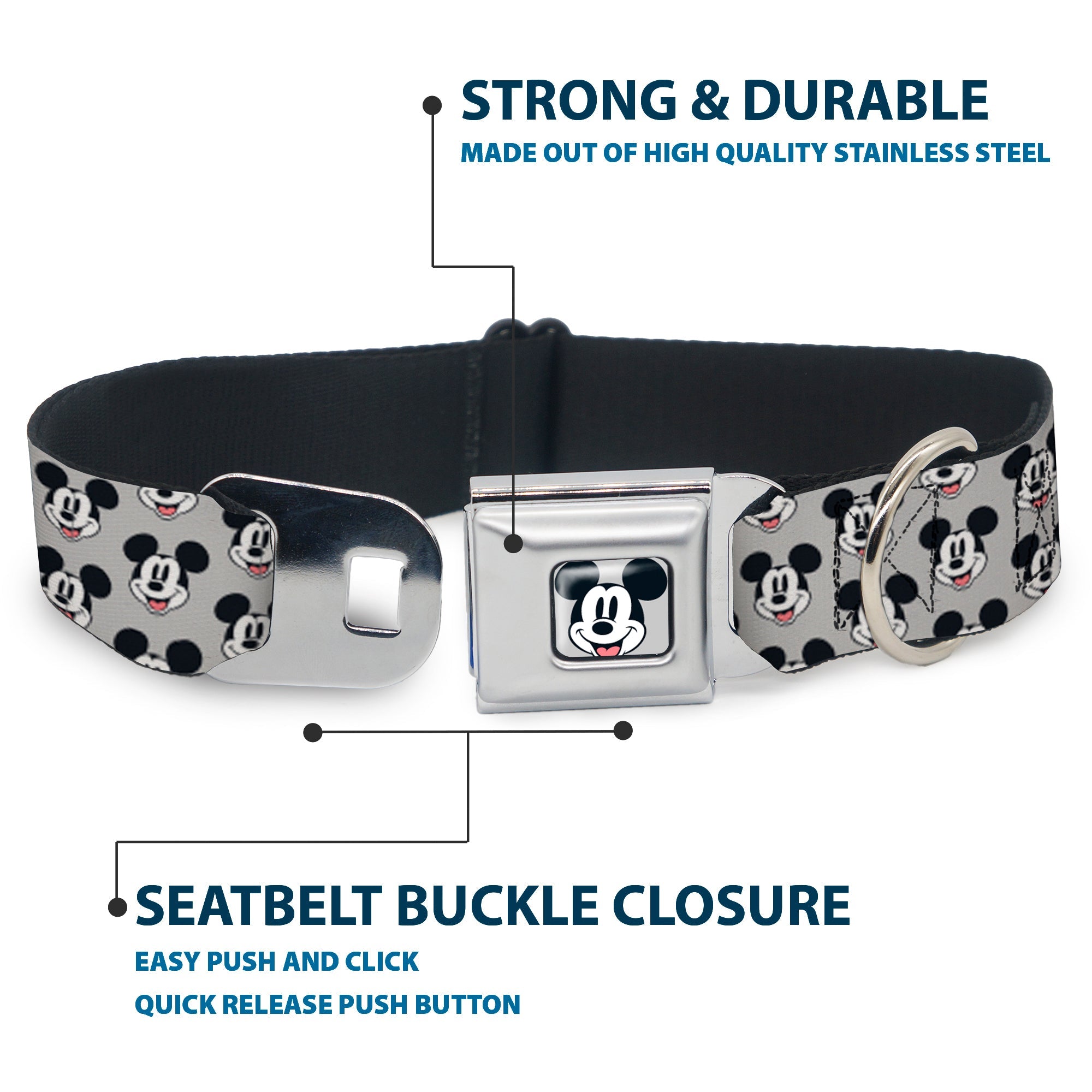 Mickey Mouse Smiling Face Full Color Gray Seatbelt Buckle Collar - Mickey Mouse Smiling Face Monogram Gray