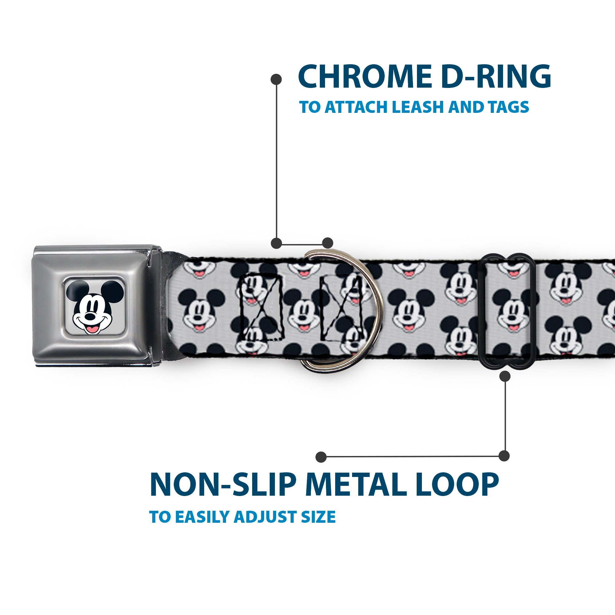 Mickey Mouse Smiling Face Full Color Gray Seatbelt Buckle Collar - Mickey Mouse Smiling Face Monogram Gray