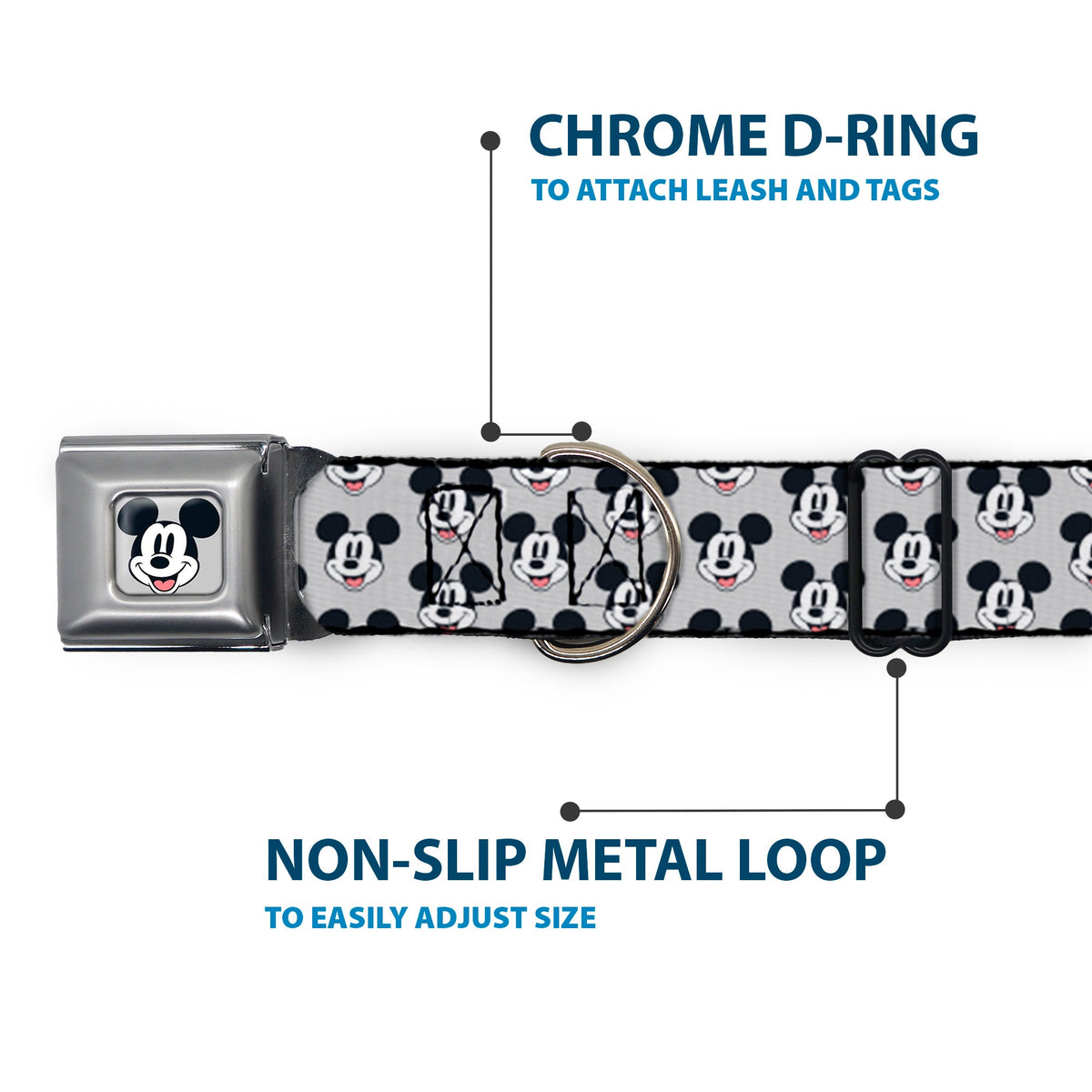 Mickey Mouse Smiling Face Full Color Gray Seatbelt Buckle Collar - Mickey Mouse Smiling Face Monogram Gray