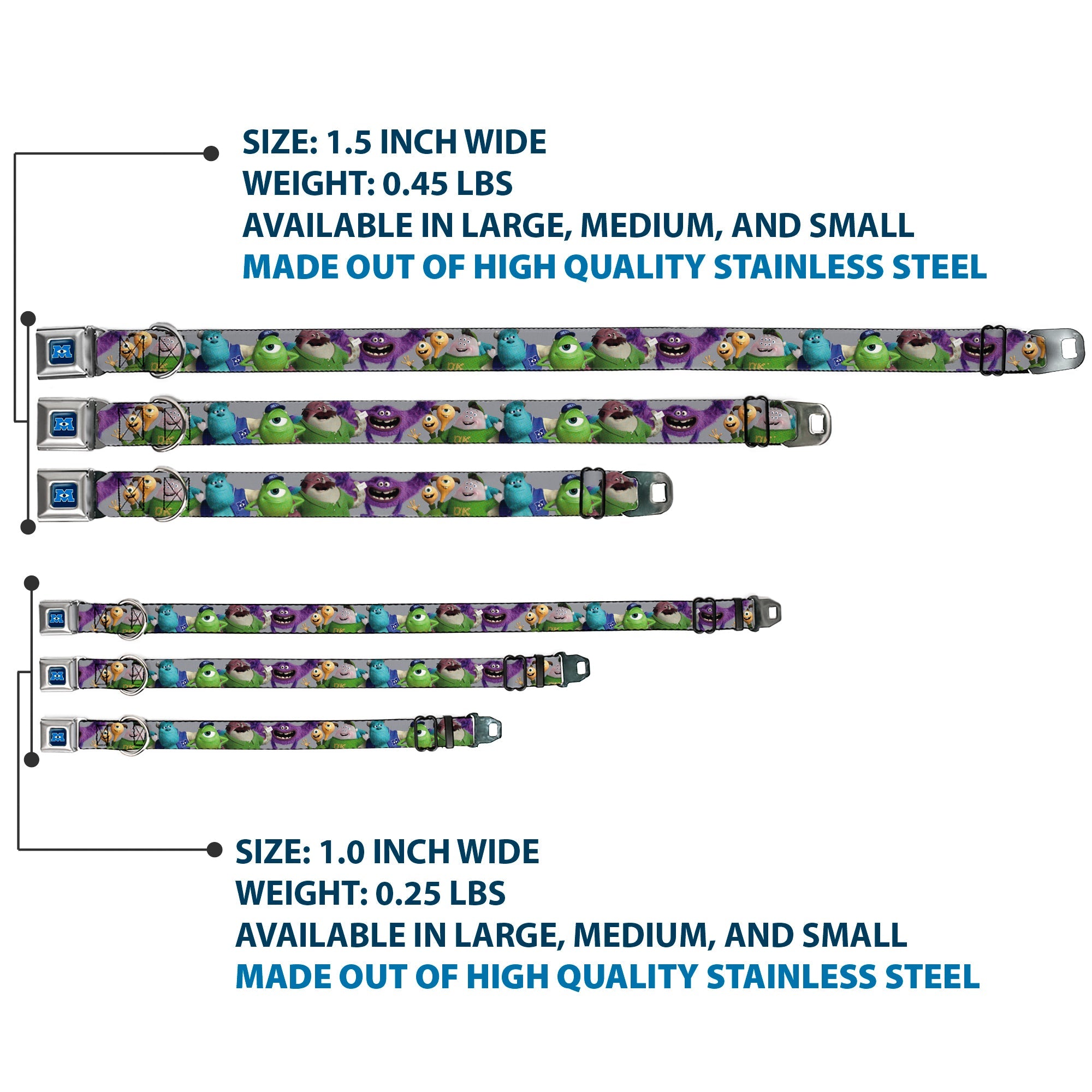 Monsters University Logo Full Color Blue/White Seatbelt Buckle Collar - Monsters University Character Lineup Gray