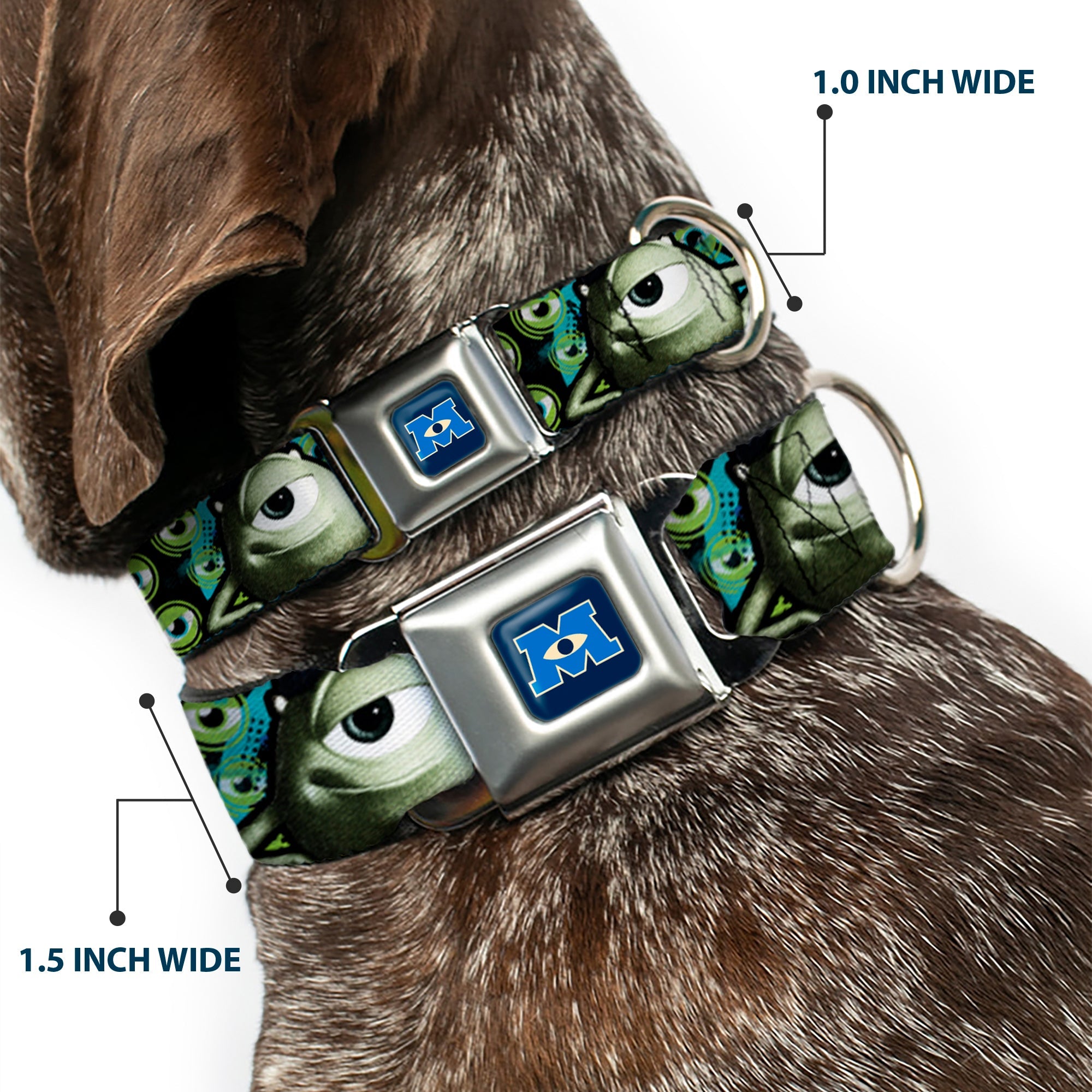 Monsters University Logo Full Color Blue White Seatbelt Buckle Collar - Mike Poses/Eyeballs Black/Greens