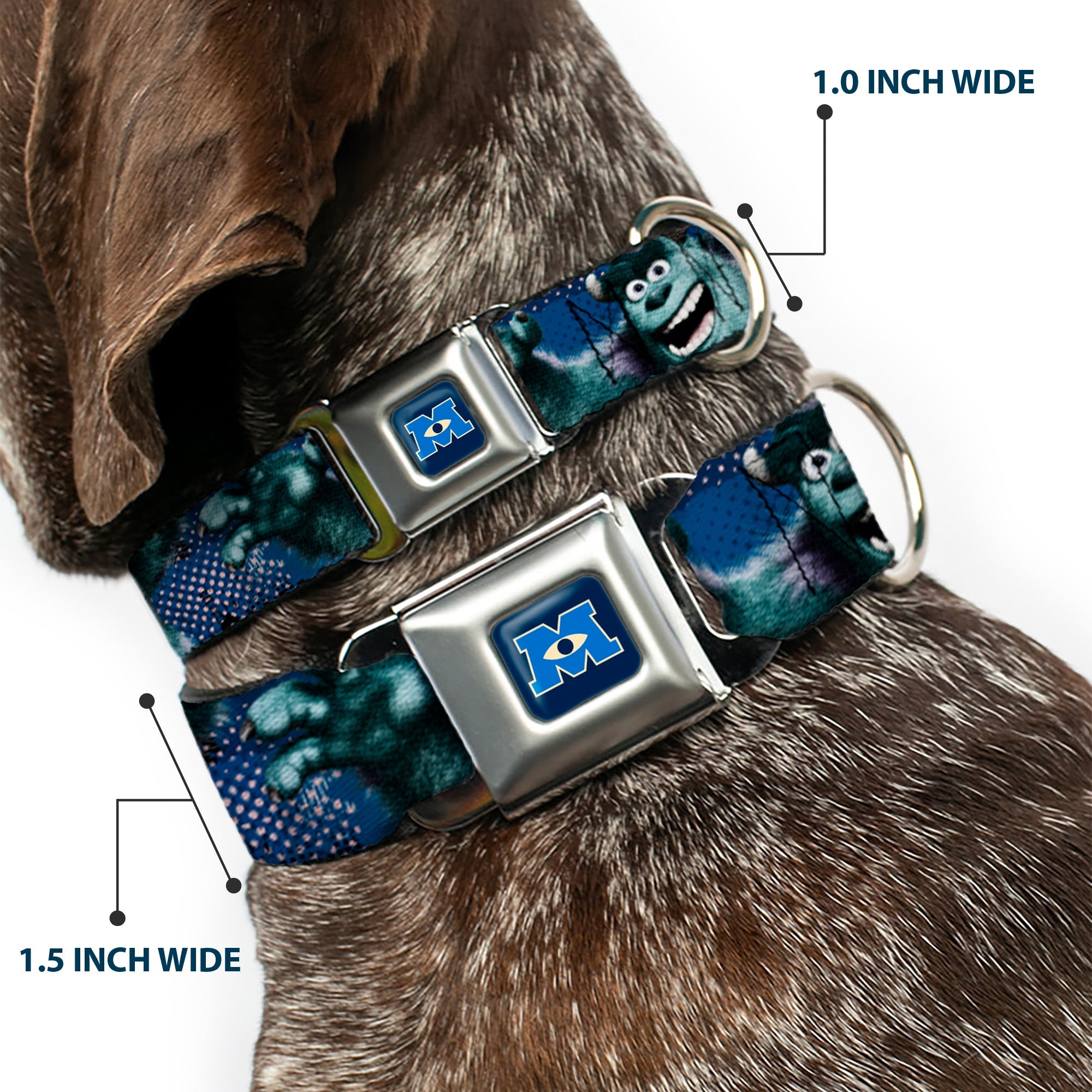 Monsters University Logo Full Color Blue White Seatbelt Buckle Collar - Sulley Scare Pose/Dots Blues/White
