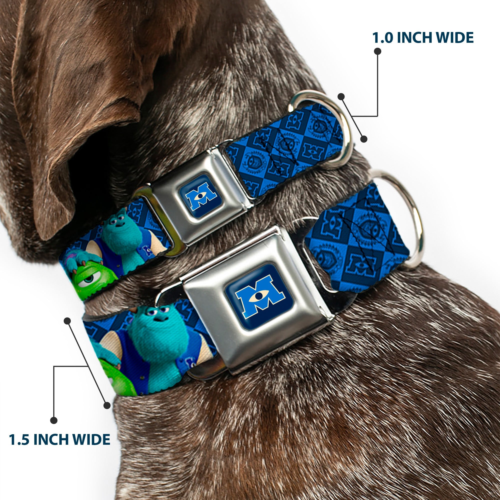 Monsters University Logo Full Color Blue White Seatbelt Buckle Collar - Monsters University Sulley & Mike Poses/Checkers Blue