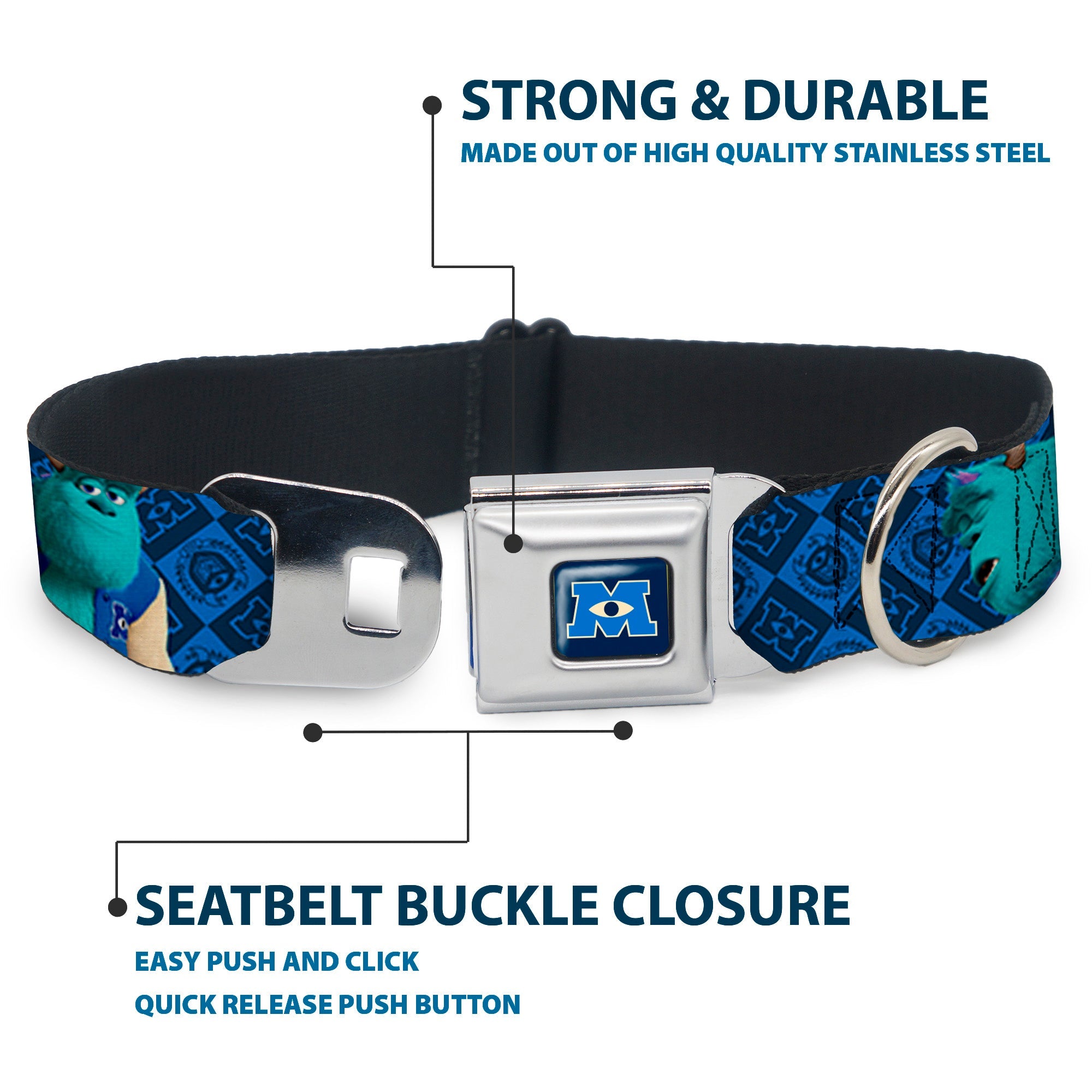 Monsters University Logo Full Color Blue White Seatbelt Buckle Collar - Monsters University Sulley & Mike Poses/Checkers Blue