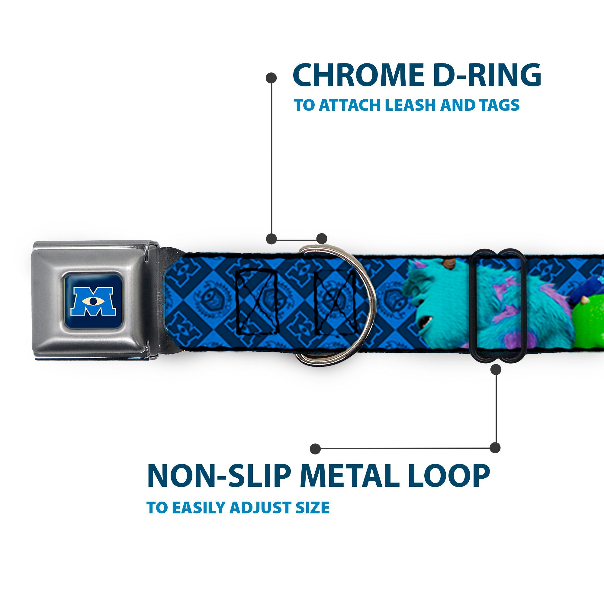 Monsters University Logo Full Color Blue White Seatbelt Buckle Collar - Monsters University Sulley & Mike Poses/Checkers Blue