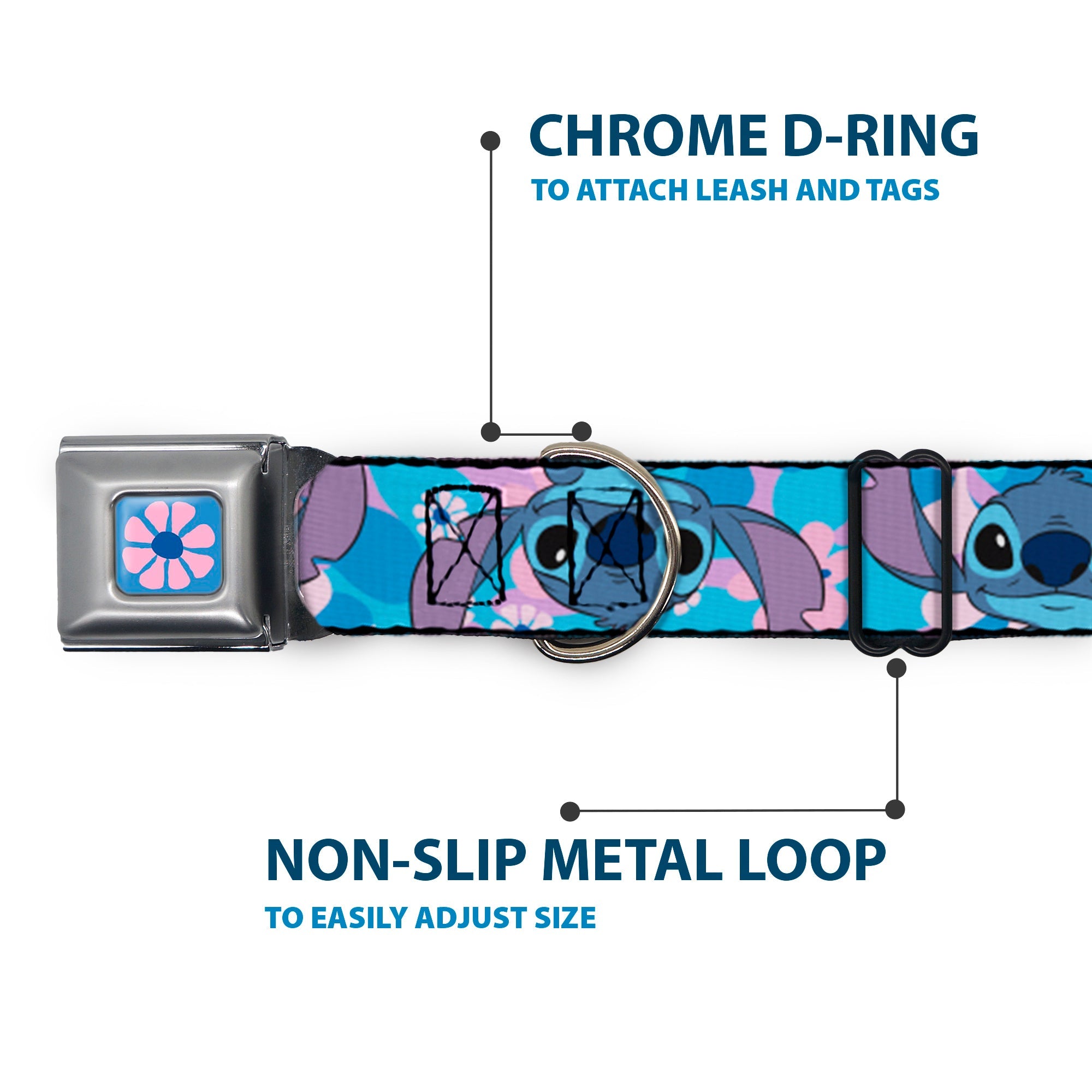 Lilo & Stitch Flower Full Color Blues/Pink Seatbelt Buckle Collar - Lilo & Stitch Stitch Flip Expressions Close-Up Blues/Pinks