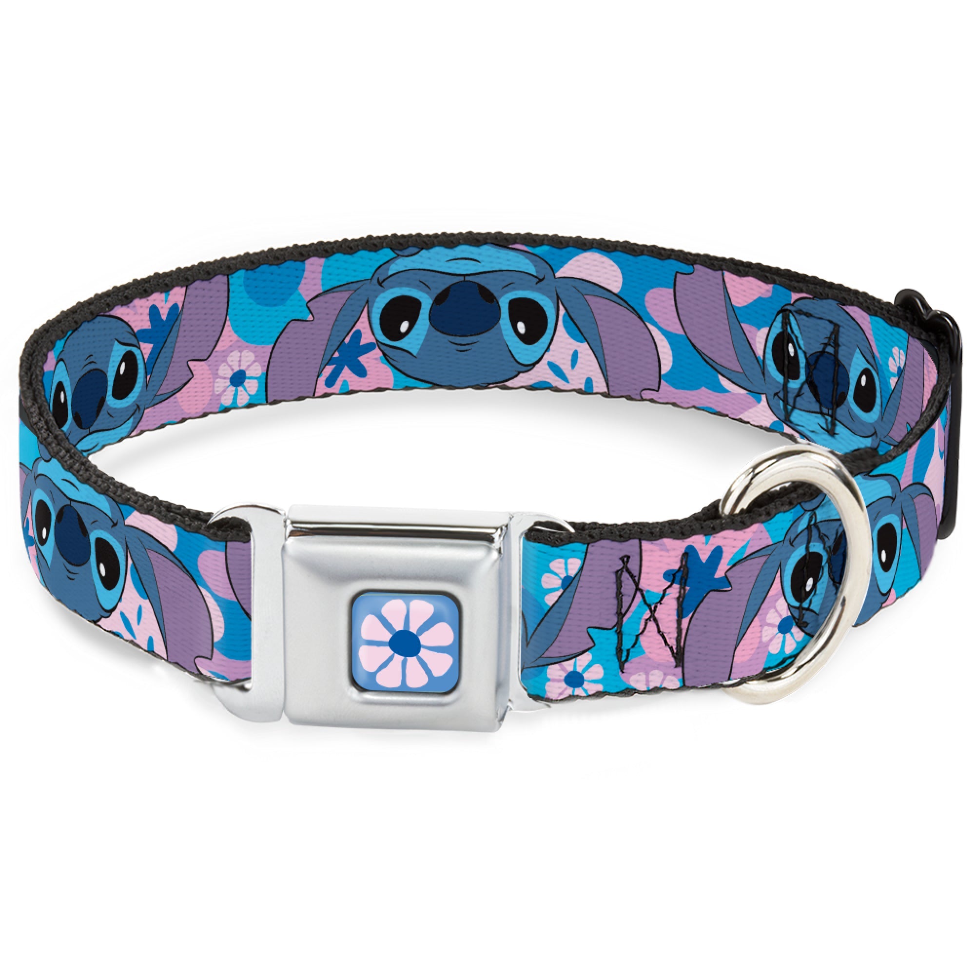 Lilo & Stitch Flower Full Color Blues/Pink Seatbelt Buckle Collar - Lilo & Stitch Stitch Flip Expressions Close-Up Blues/Pinks