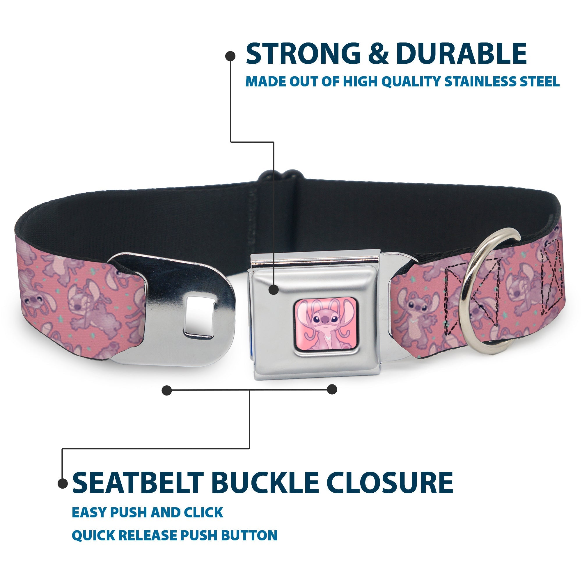 Lilo & Stitch Angel Sitting Pose Full Color Pink Seatbelt Buckle Collar - Lilo & Stitch Angel Poses Scattered Pinks