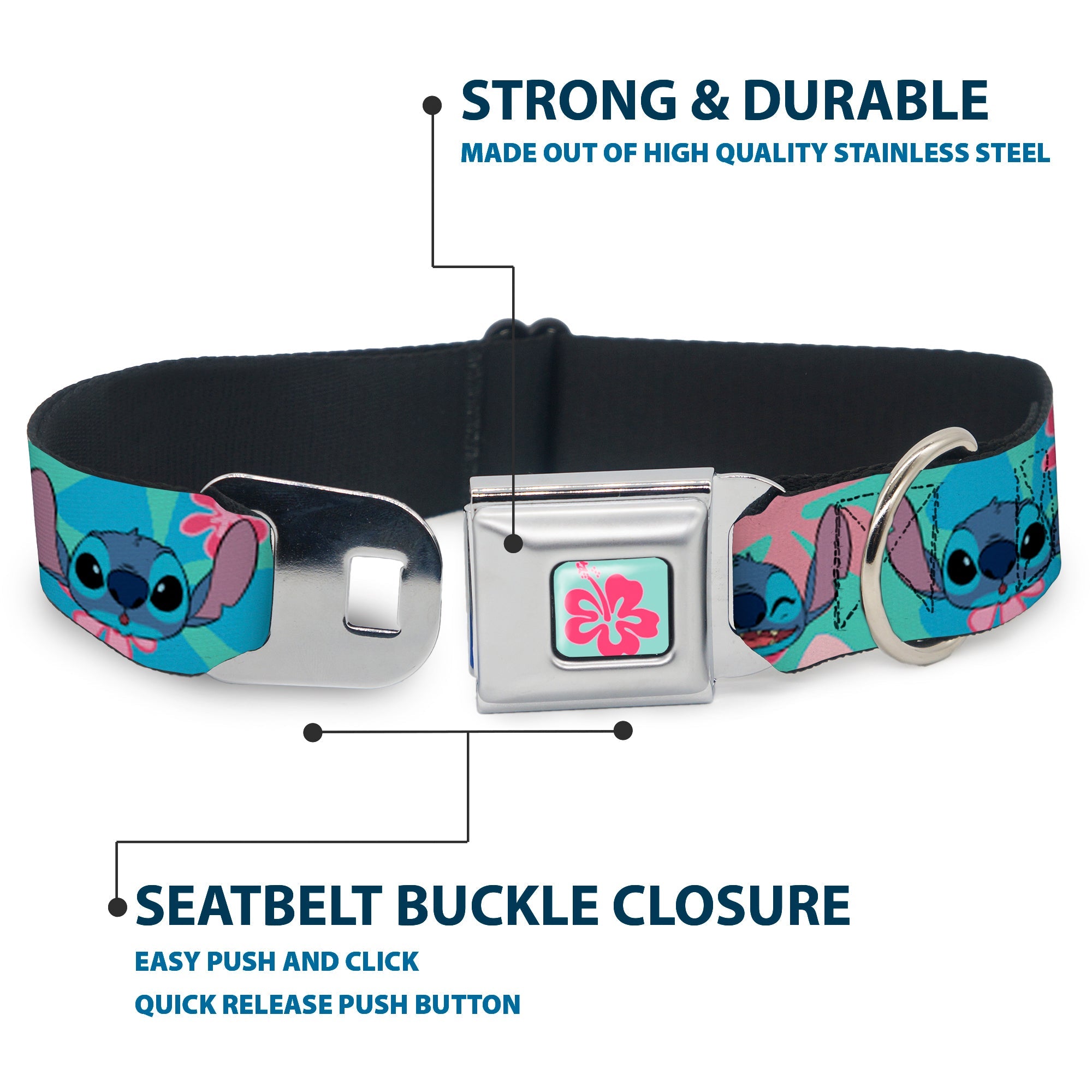 Lilo & Stitch Flower Full Color Blue/Pink Seatbelt Buckle Collar - Lilo & Stitch Stitch Expressions and Tropical Flowers Blues/Pinks