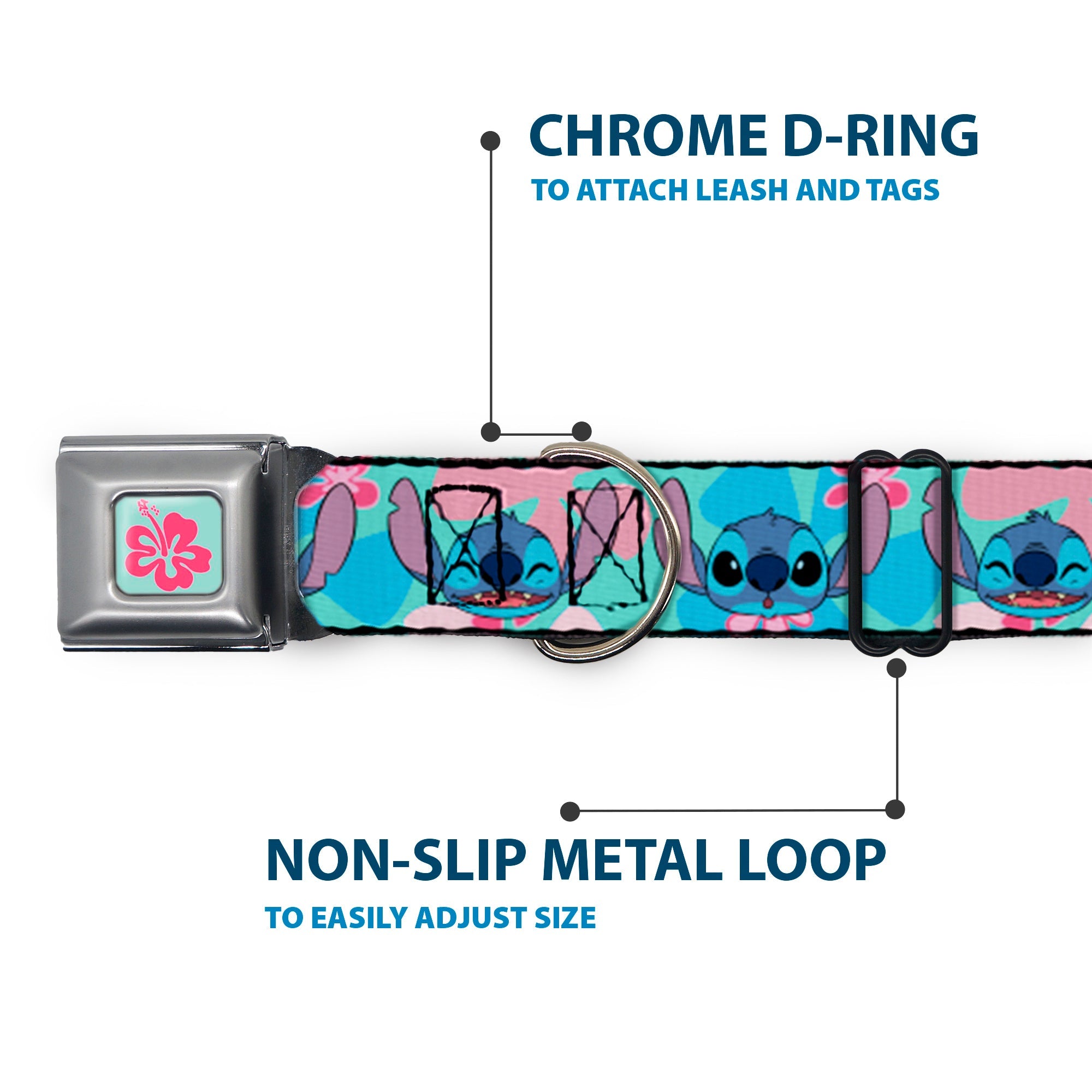 Lilo & Stitch Flower Full Color Blue/Pink Seatbelt Buckle Collar - Lilo & Stitch Stitch Expressions and Tropical Flowers Blues/Pinks