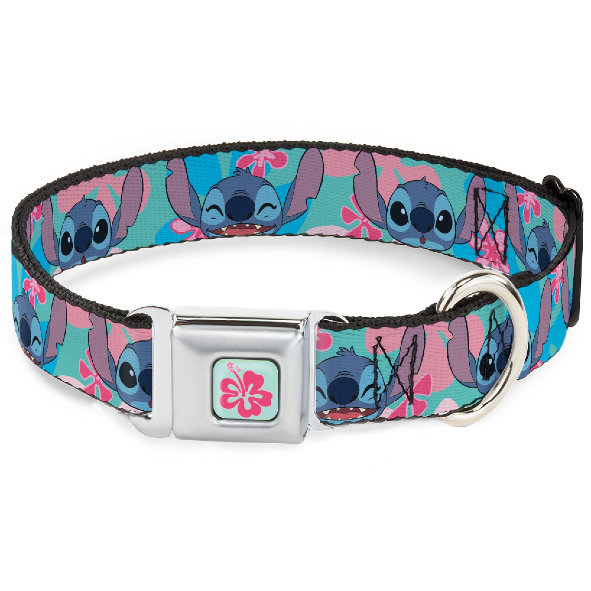 Lilo & Stitch Flower Full Color Blue/Pink Seatbelt Buckle Collar - Lilo & Stitch Stitch Expressions and Tropical Flowers Blues/Pinks