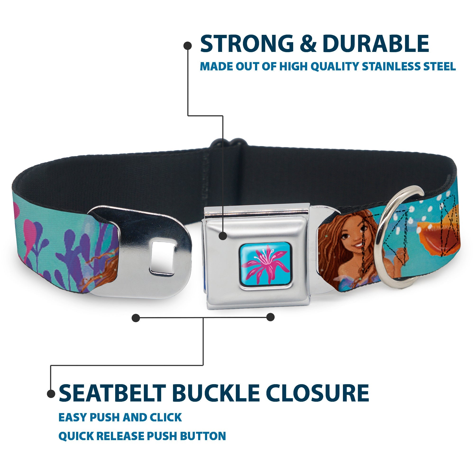 The Little Mermaid Sea Flower Full Color Blue/Purple Seatbelt Buckle Collar - The Little Mermaid Live Action Ariel Under the Sea Poses Blues