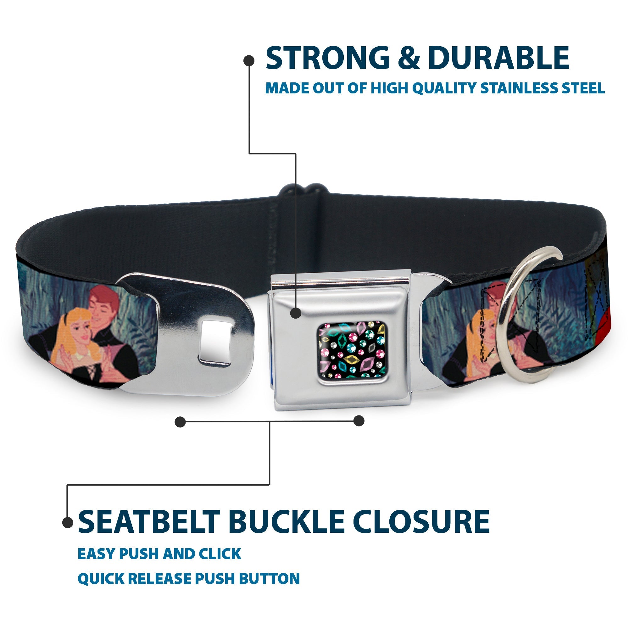 Princess Jewels Full Color Black Multi Color Seatbelt Buckle Collar - Disney Princess Scenes Framed