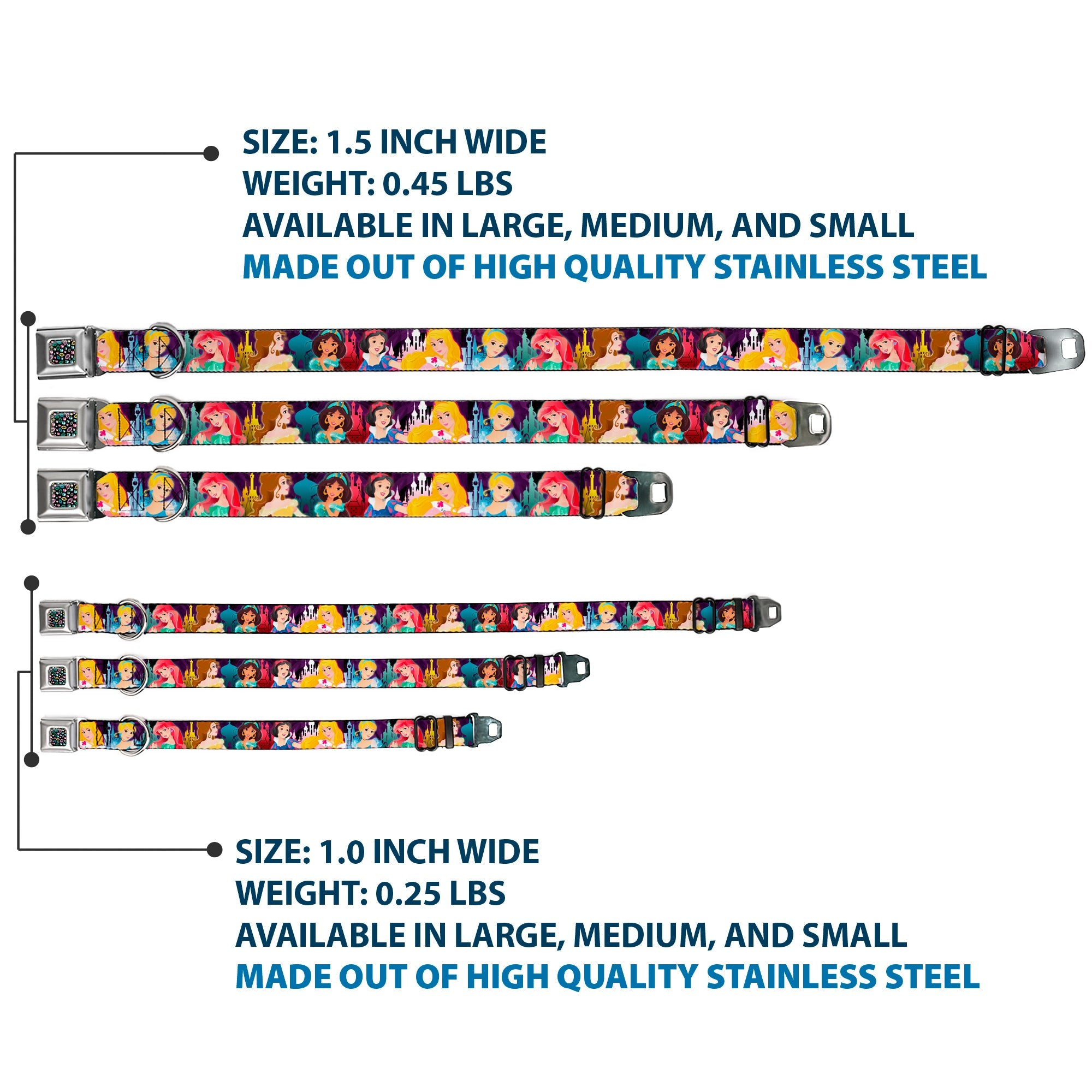 Princess Jewels Full Color Black Multi Color Seatbelt Buckle Collar - Disney Princess Poses/Castle Silhouettes Purples/Multi Color