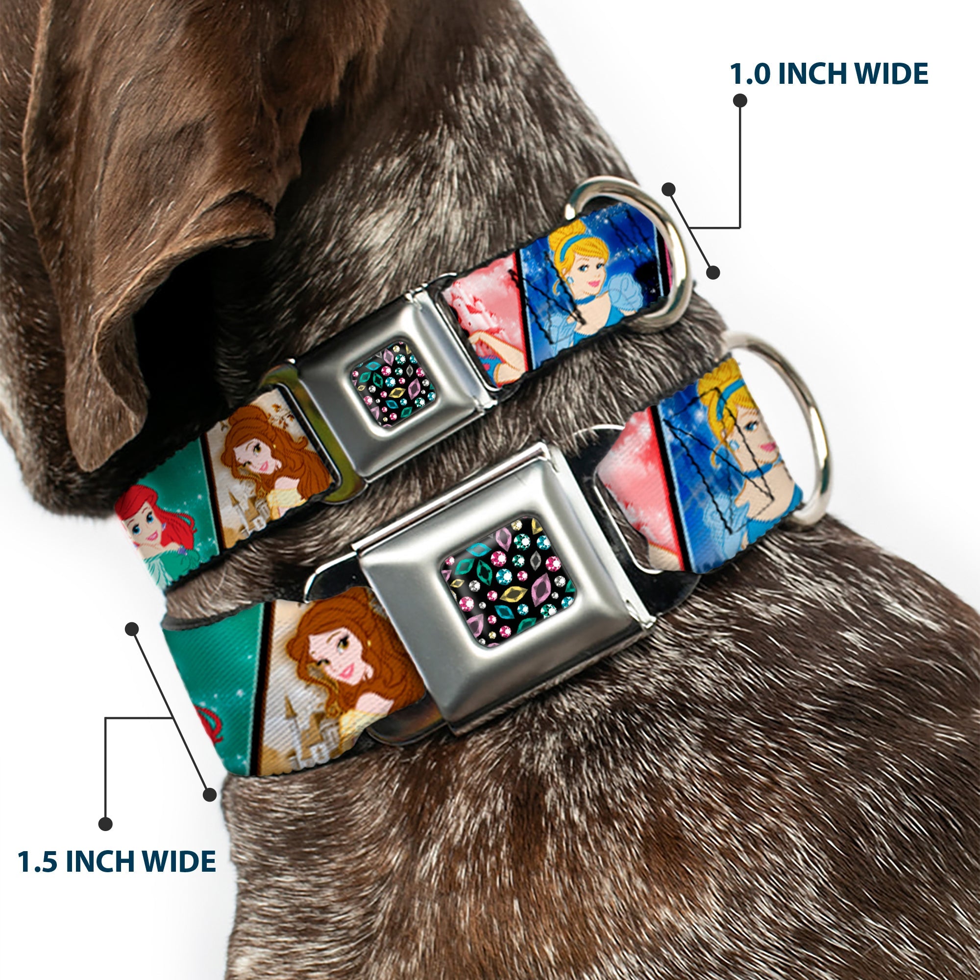 Princess Jewels Full Color Black/Multi Color Seatbelt Buckle Collar - Disney Princess Poses/Castle Blocks